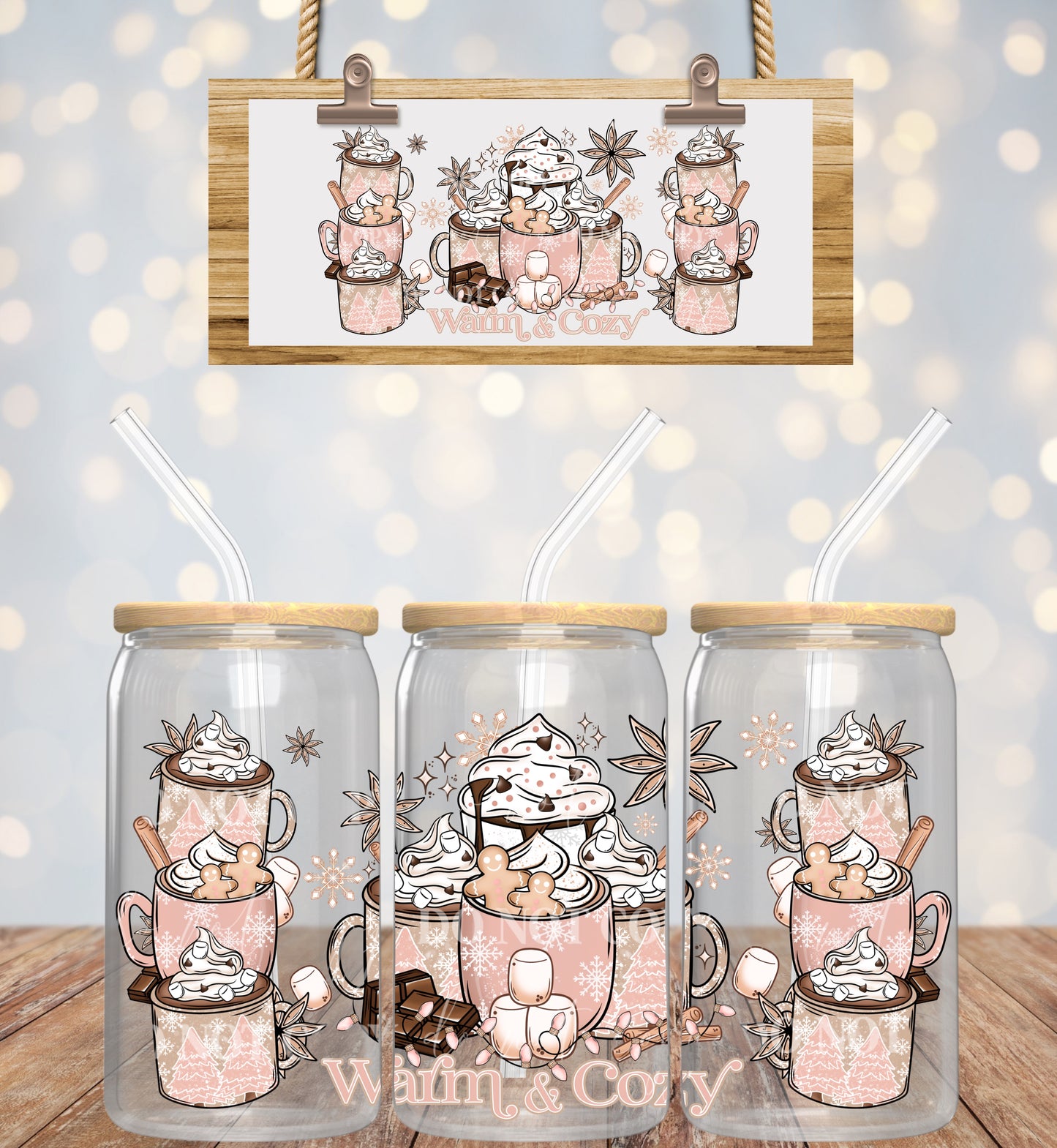 Christmas Pink Warm And Cozy Cocoa - 16 oz / 20 oz Libby UV DTF Wrap