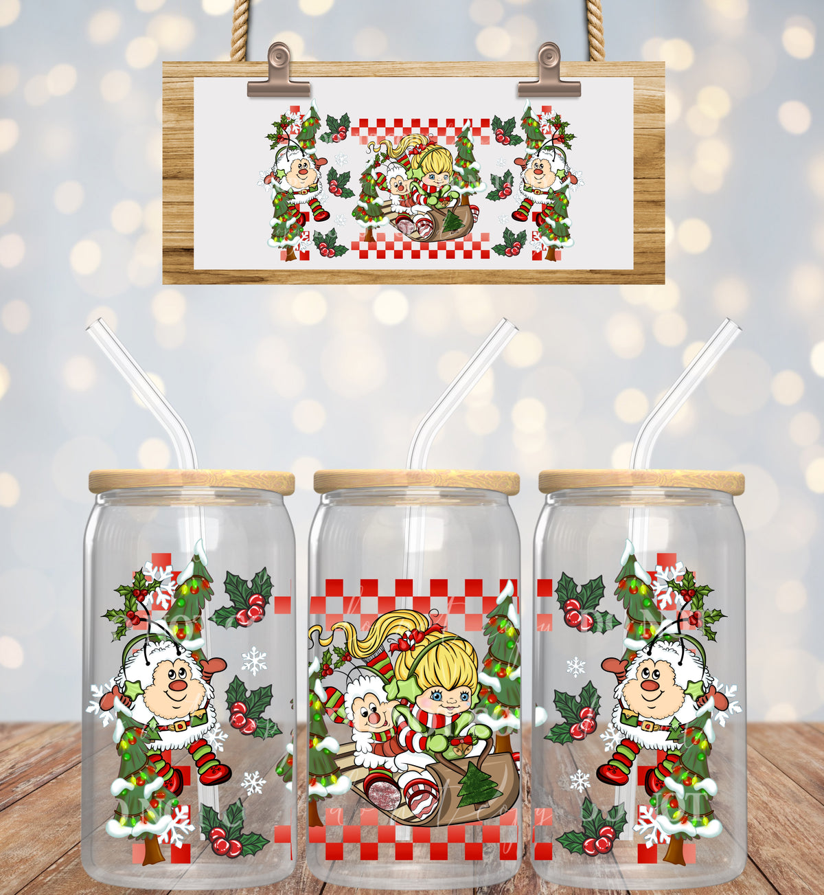 Christmas Checkered Rainbow Bright - 16 oz / 20 oz Libby UV DTF Wrap