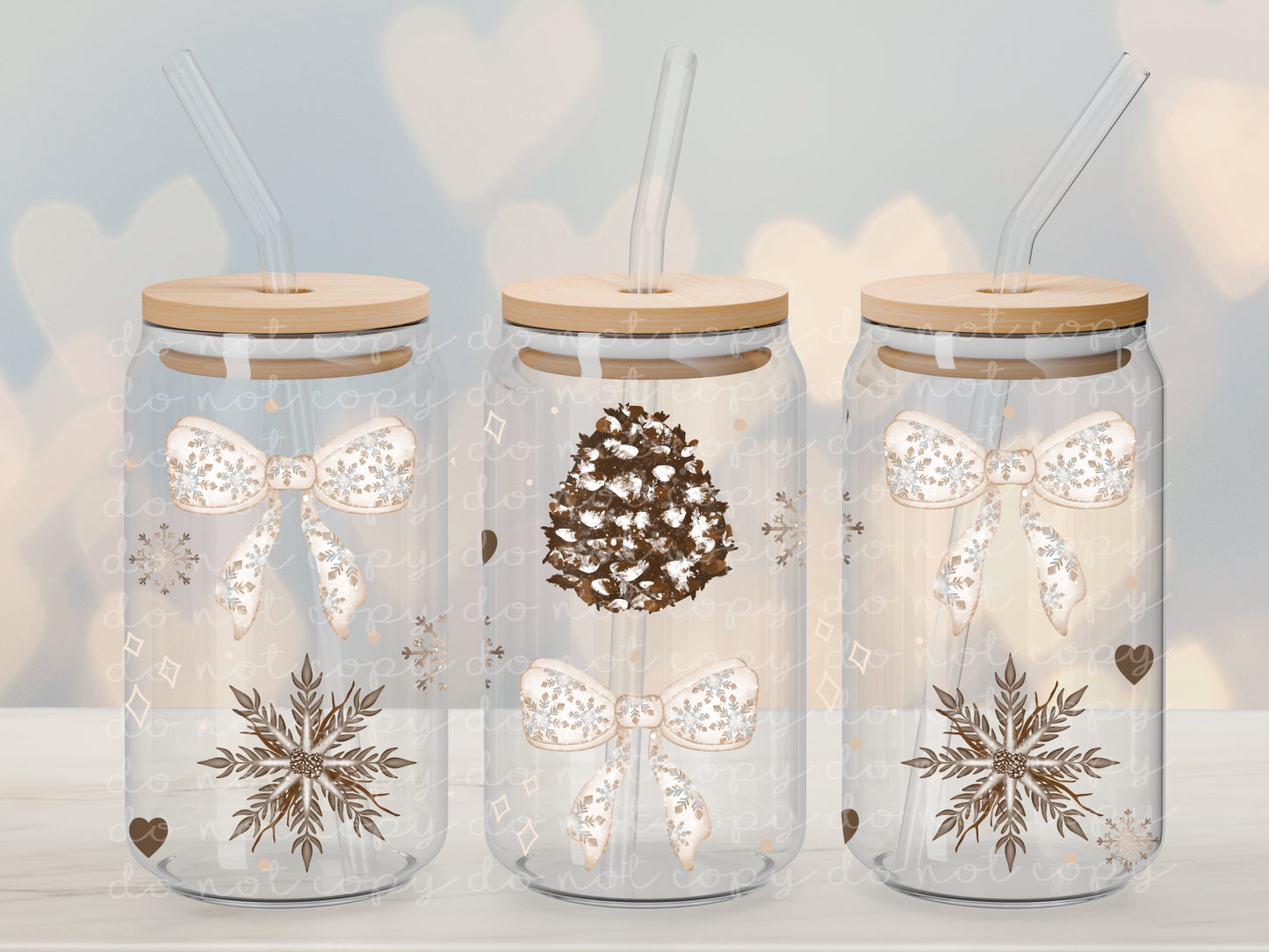 Christmas Sparkle Pinecones and Bows - 16 oz / 20 oz Libby UV DTF Wrap