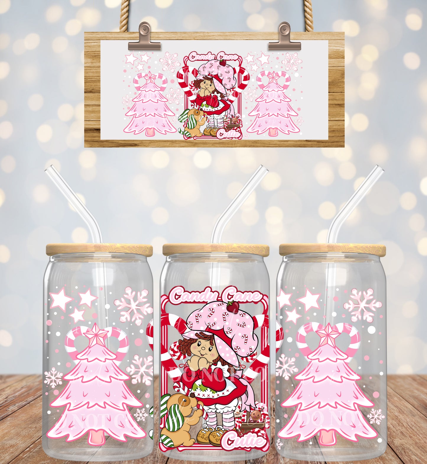 Pink N Red Christmas Strawberry Girl Candy Cane Cutie - 16 oz / 20 oz Libby UV DTF Wrap