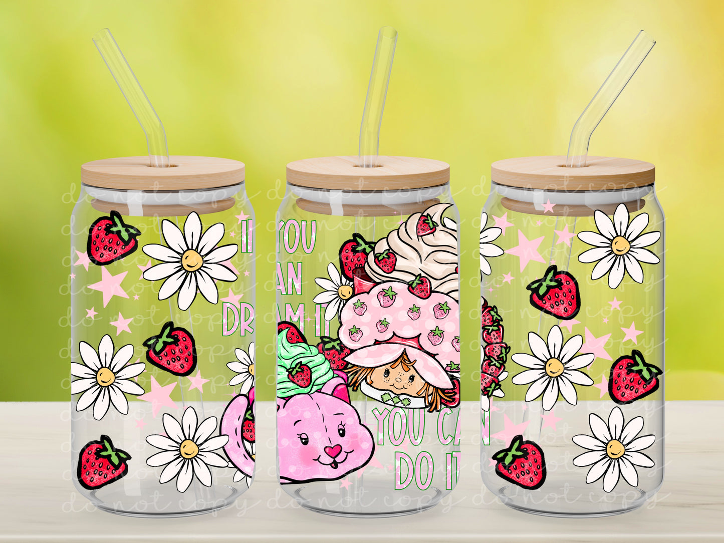 Strawberry Girl And Daisies - 16 oz / 20 oz Libby UV DTF Wrap