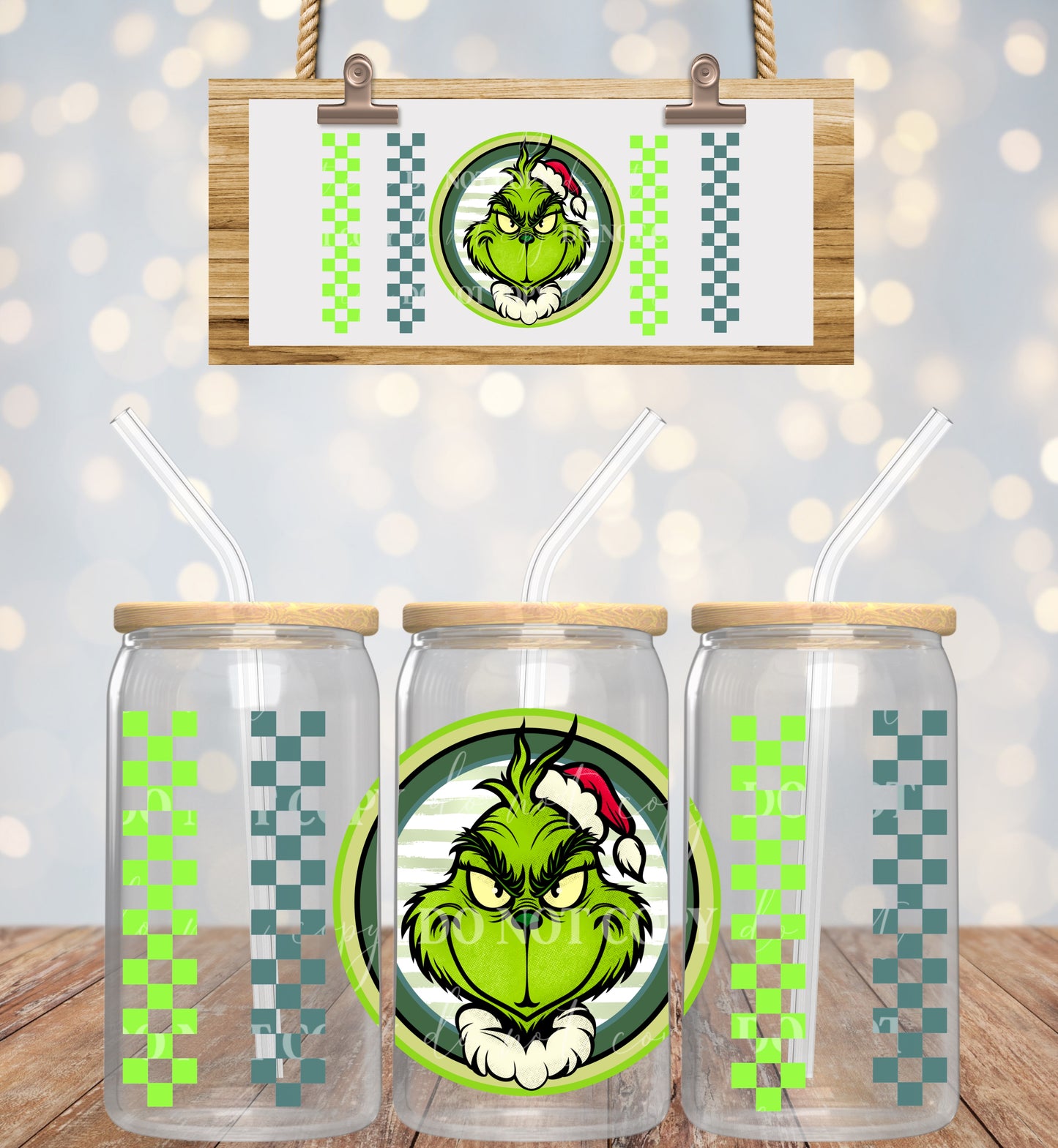 Christmas Checkered Grinch - 16 oz / 20 oz Libby UV DTF Wrap