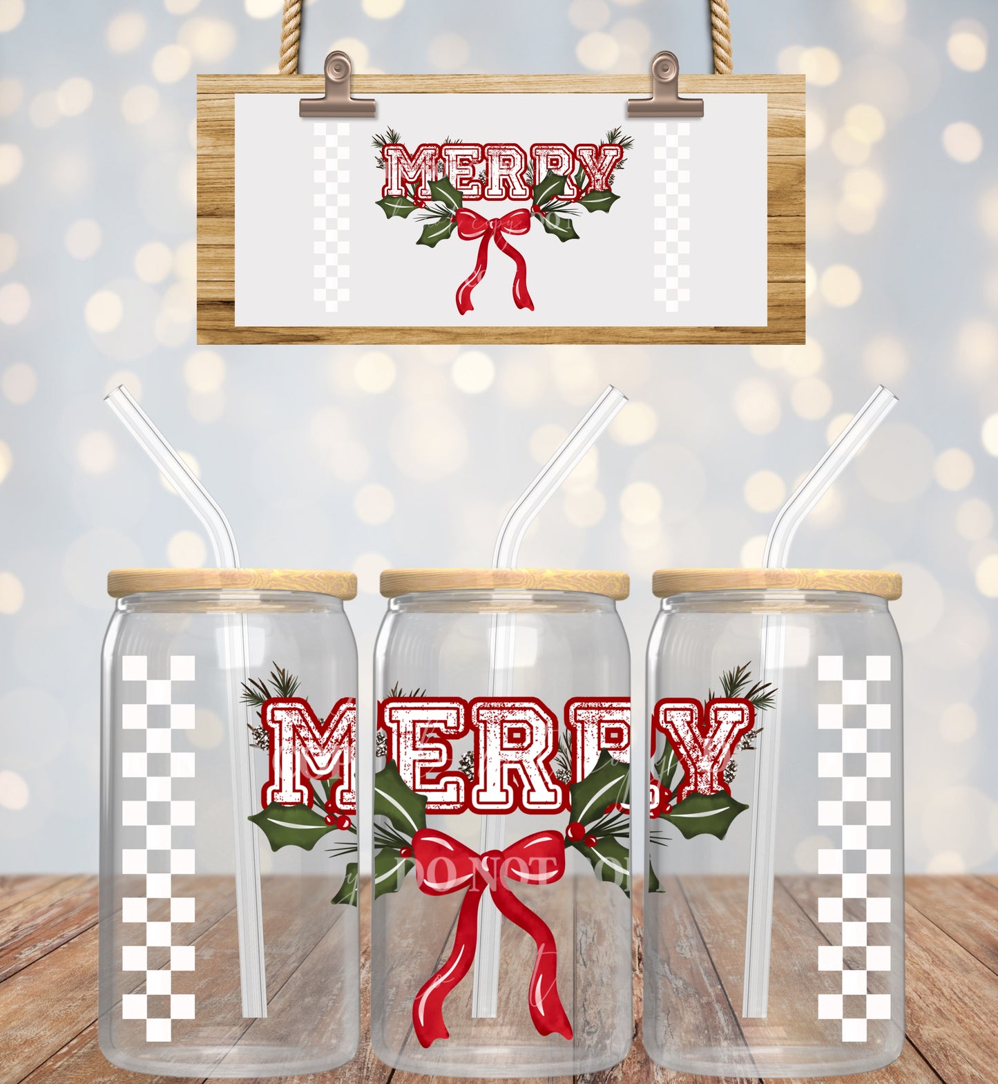 Christmas Checkered MERRY With Bow - 16 oz / 20 oz Libby UV DTF Wrap