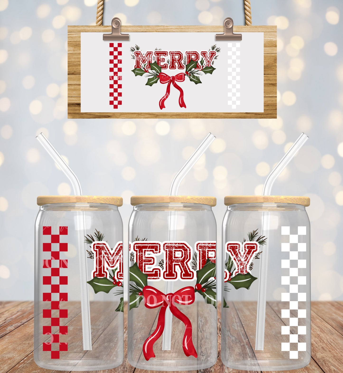 Christmas Checkered Red N White MERRY With Bow - 16 oz / 20 oz Libby UV DTF Wrap