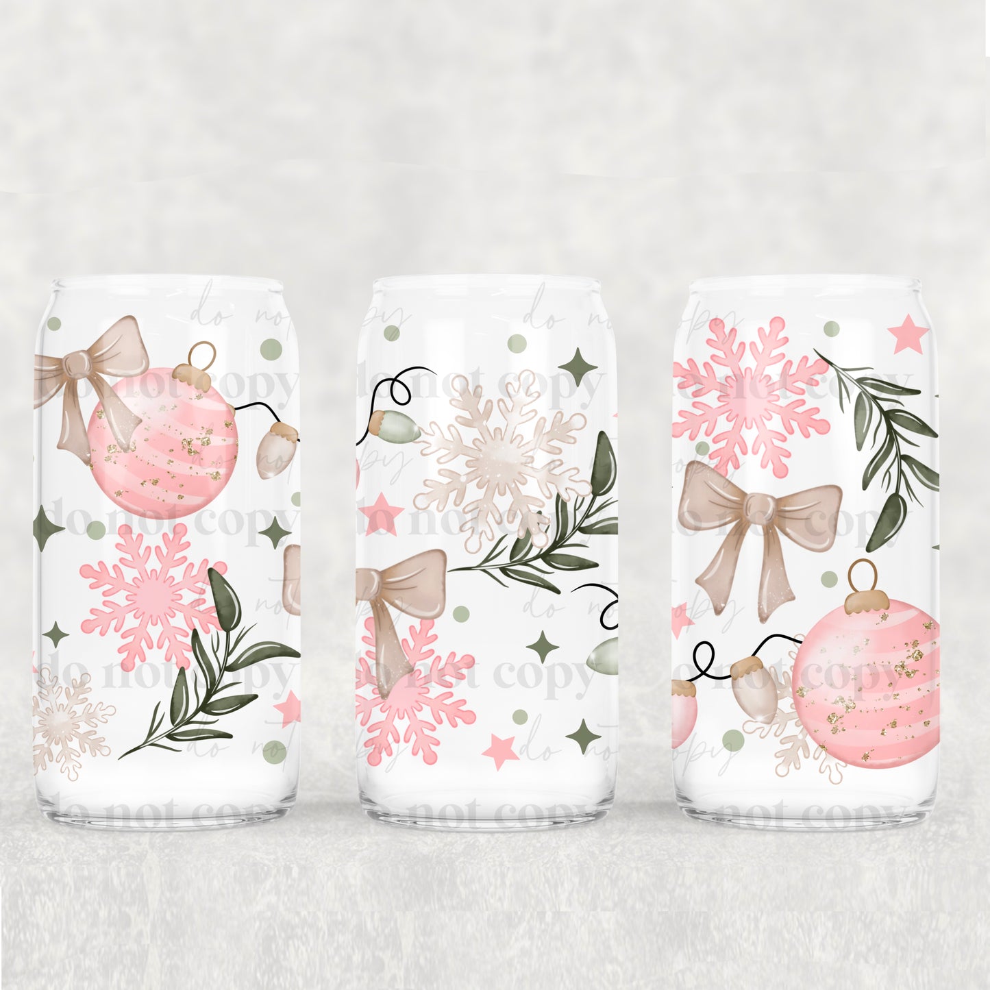 Christmas Pastel Pink Ornaments And Snowflakes - 16 oz / 20 oz Libby UV DTF Wrap