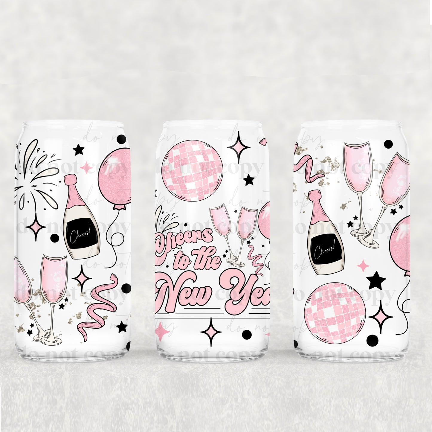 Pink Happy New Year Wine Bottles - 16 oz / 20 oz Libby UV DTF Wrap