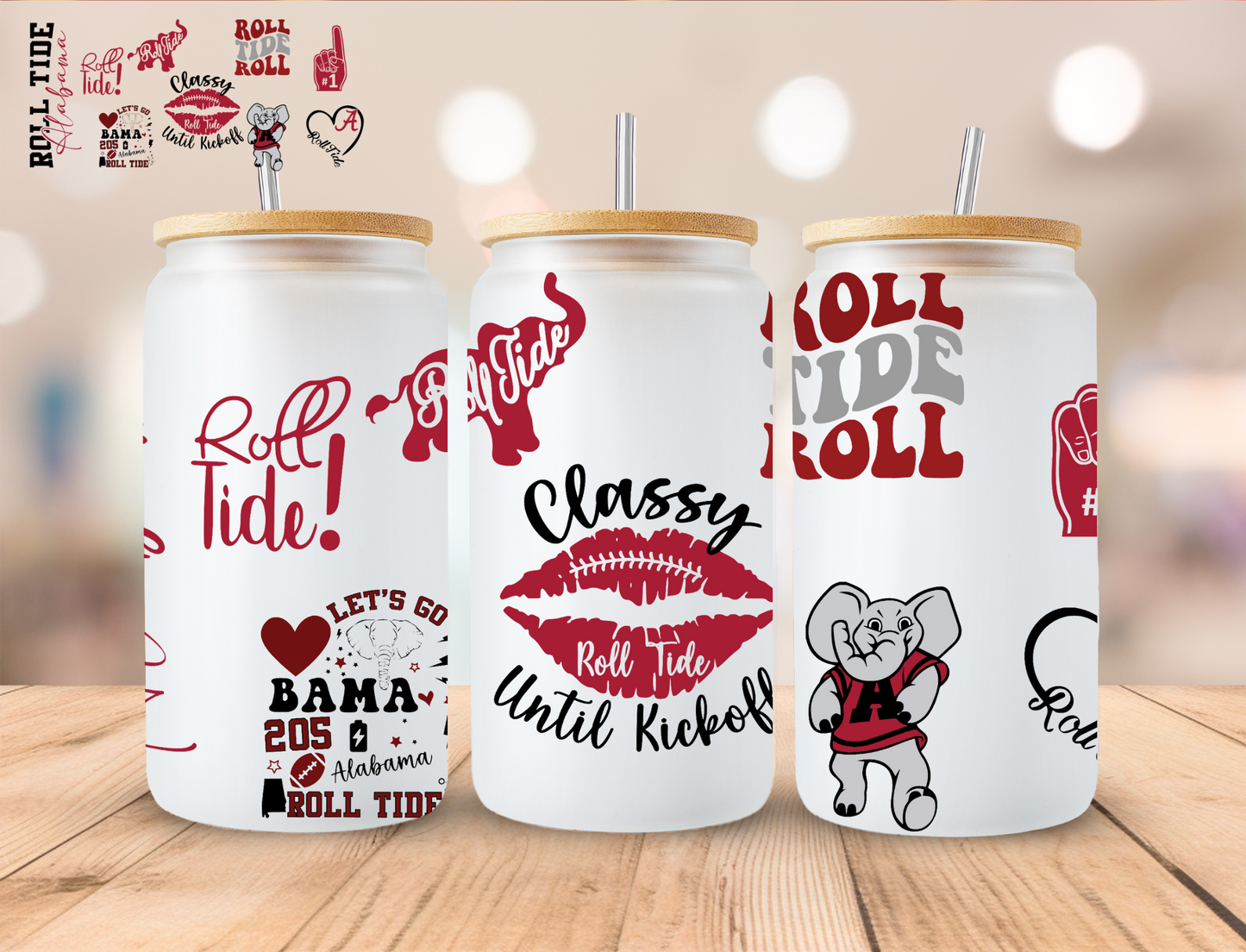 Alabama Roll Tide Feminine Football - 16 oz / 20 oz Libby UV DTF Wrap Exclusive to SGC