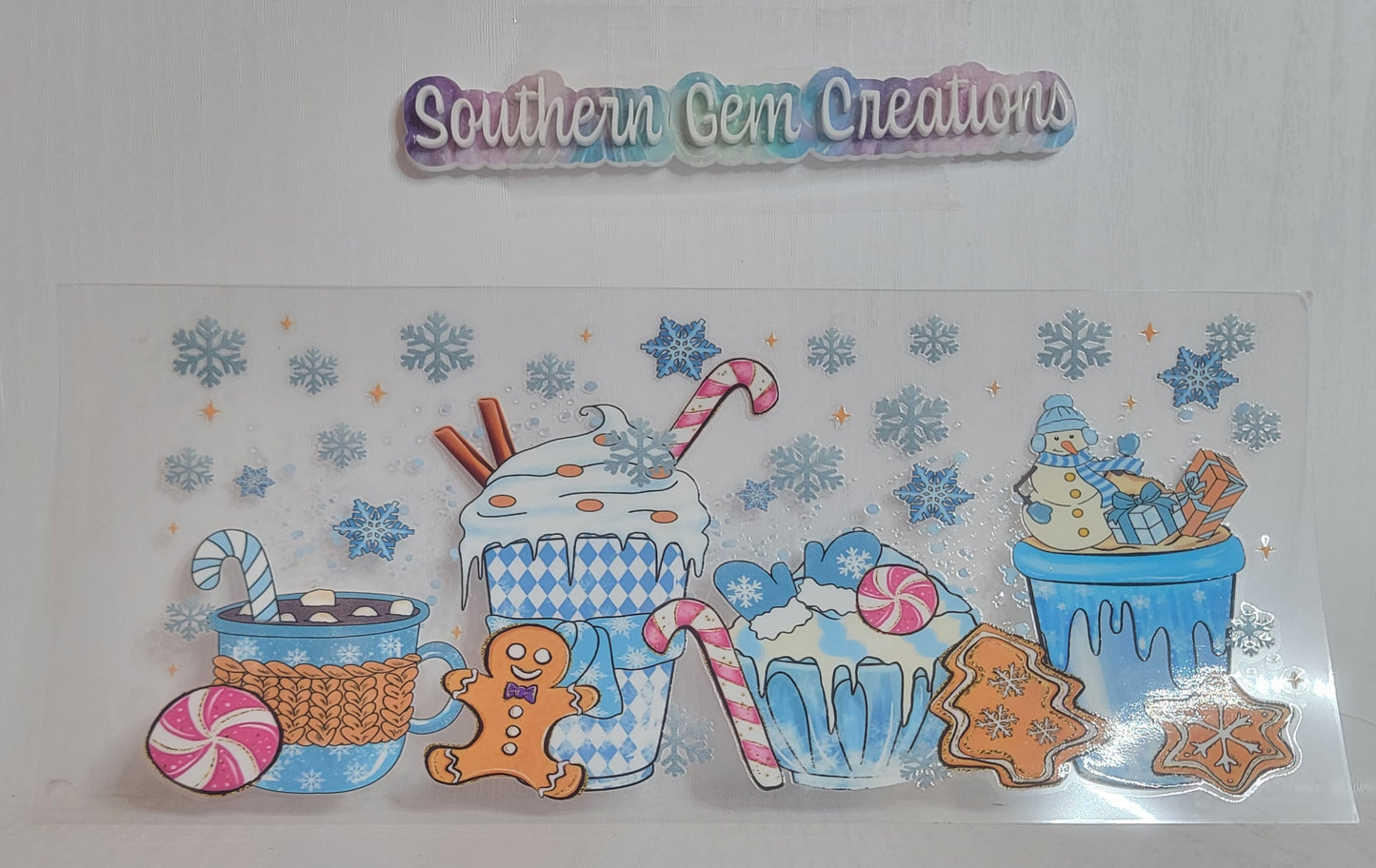 Blue Christmas GINGERBREAD Hot Cocoa - 16 oz Libby UV DTF Wrap RTS