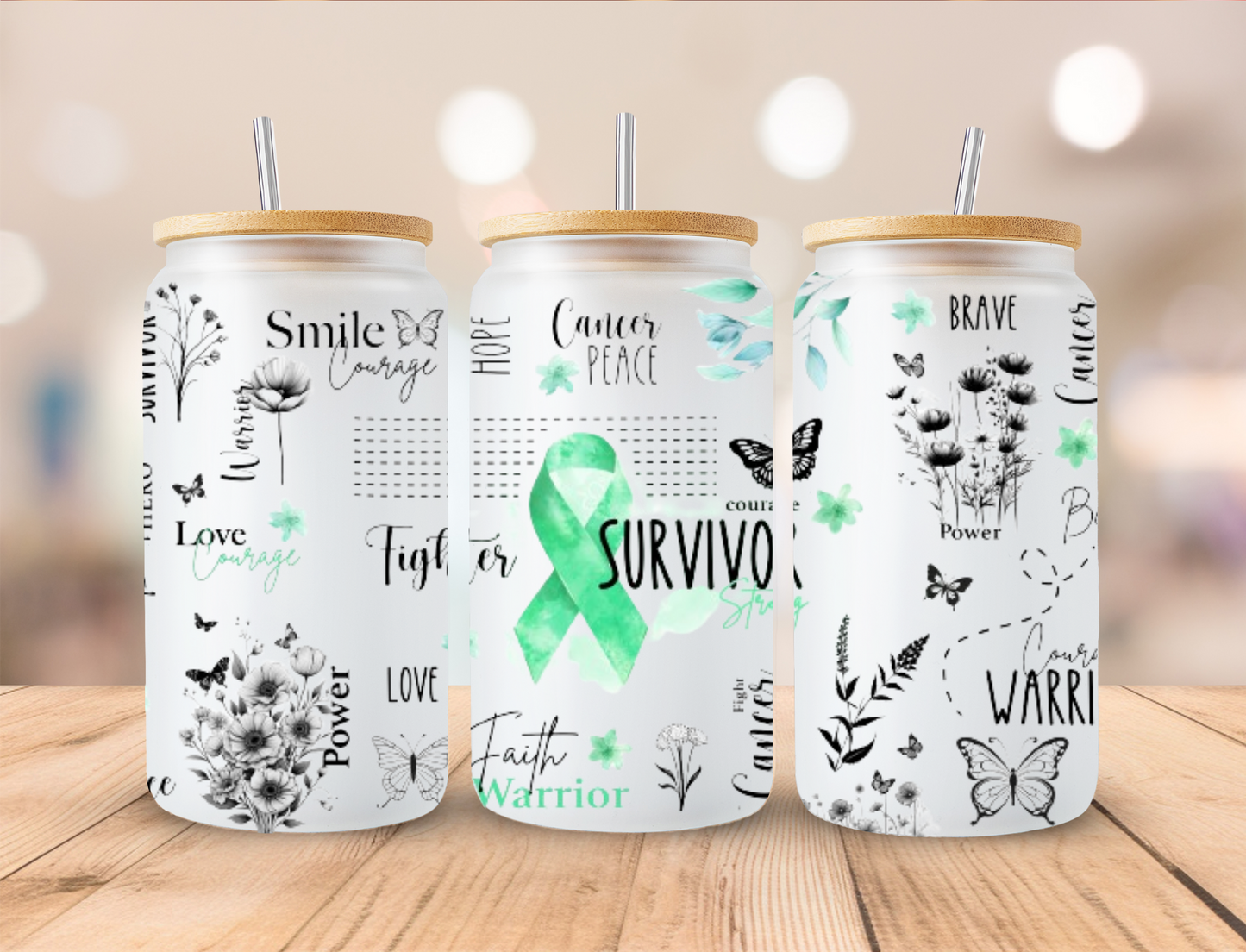 Green Ribbon Survivor - 16oz/20oz Libby UV DTF Wrap