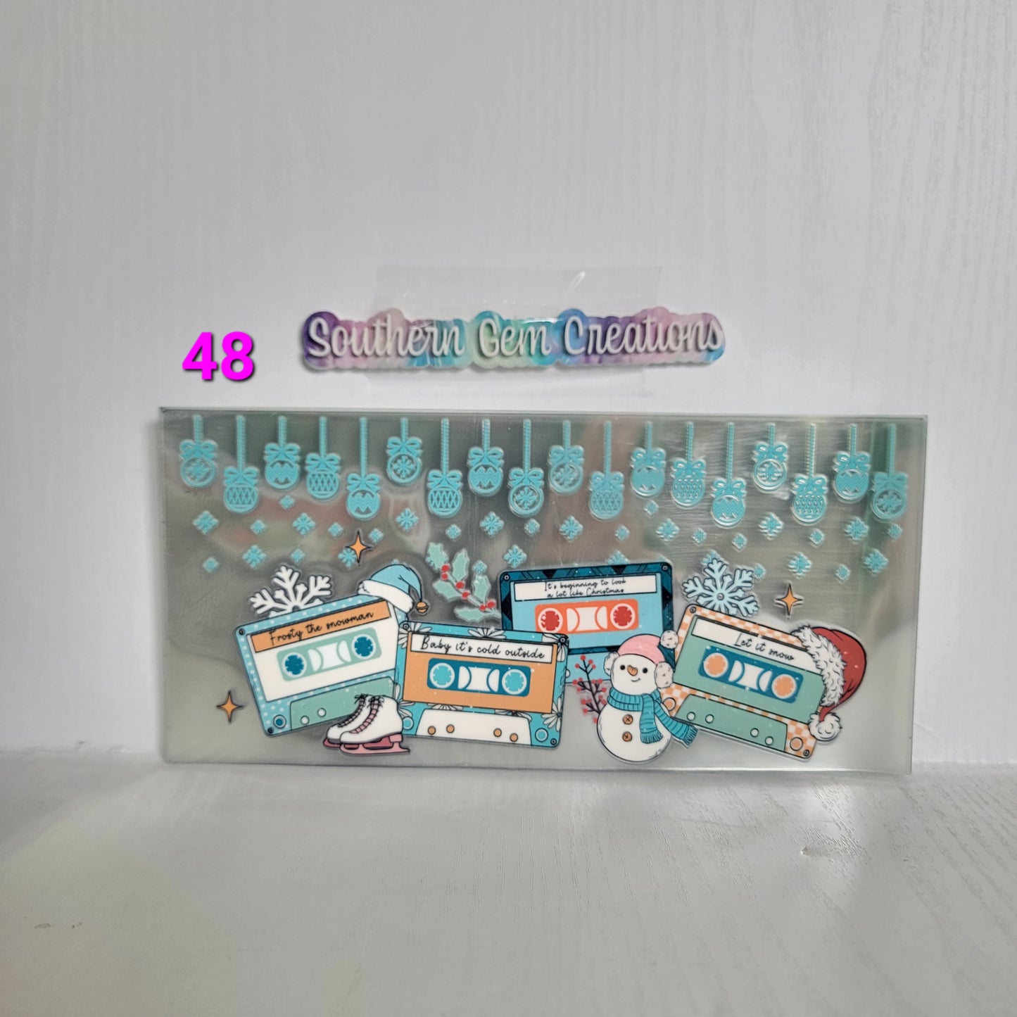 #48 Christmas Blue Snowflake Cassette Tapes - 16 oz Libby UV DTF Wrap RTS