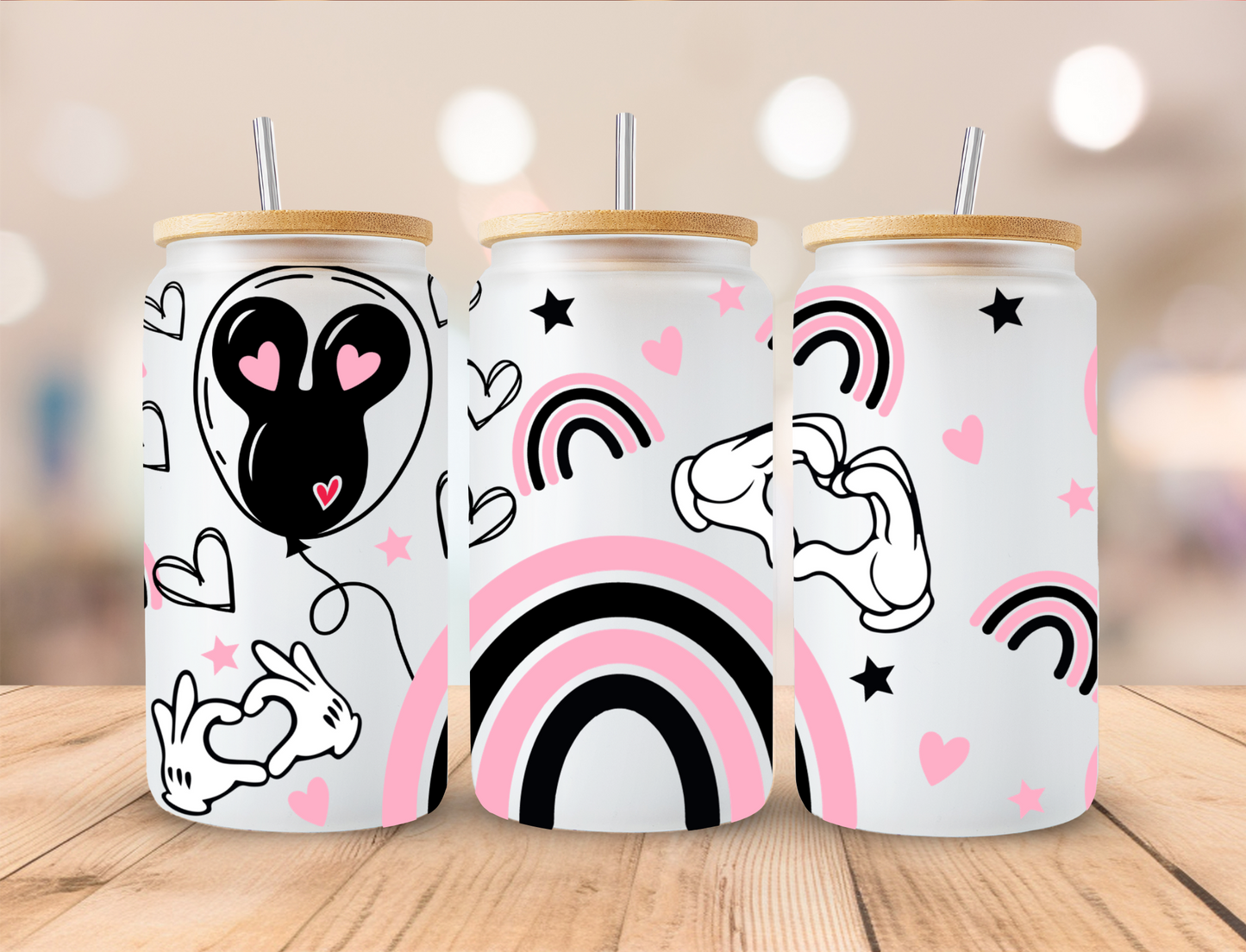 Pink n Black Mouse Rainbows - 16 oz / 20 oz Libby UV DTF Wrap