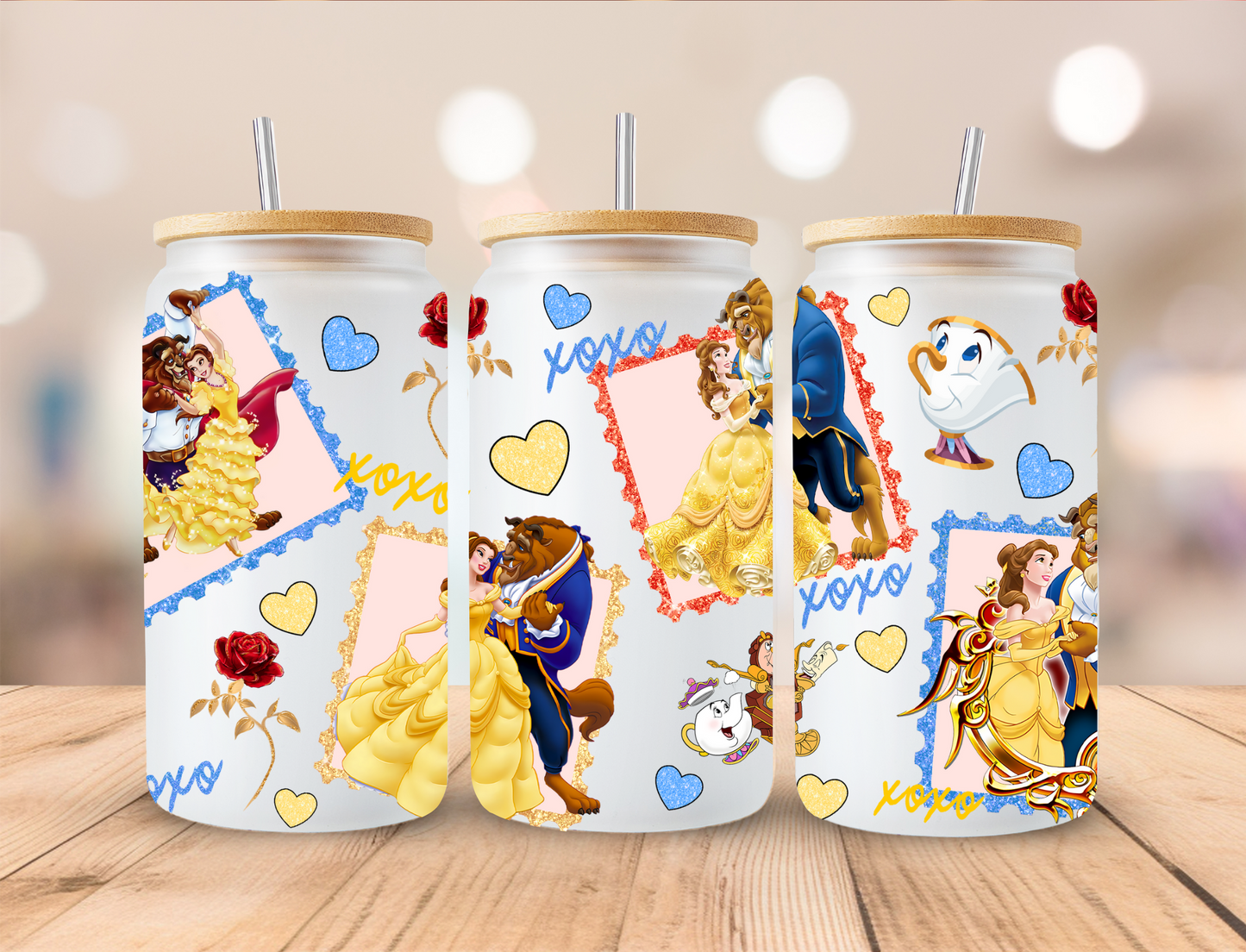 Valentines Princess and Beast Love Stamps - 16oz/20oz Libby UV DTF Wrap