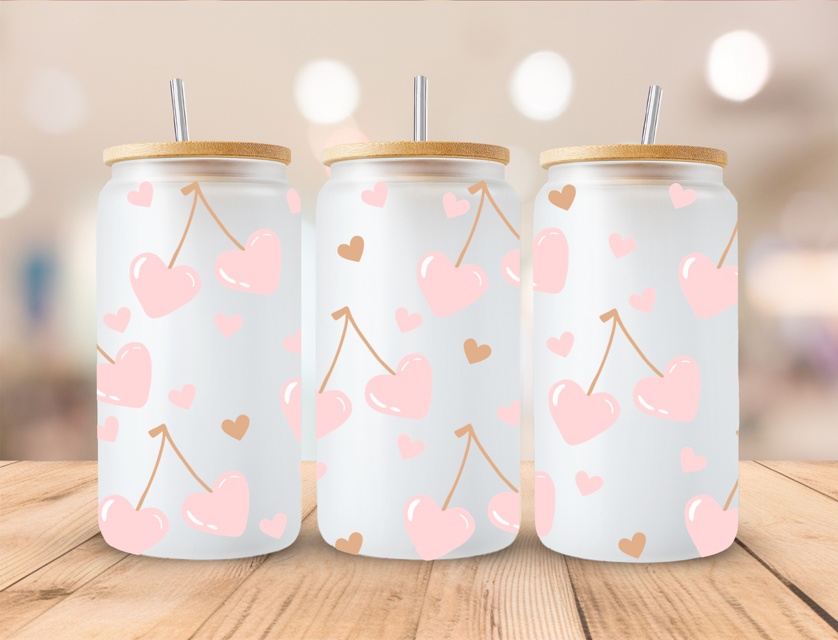 Valentines Baby Pink Heart Cherries - 16oz/20oz Libby UV DTF Wrap