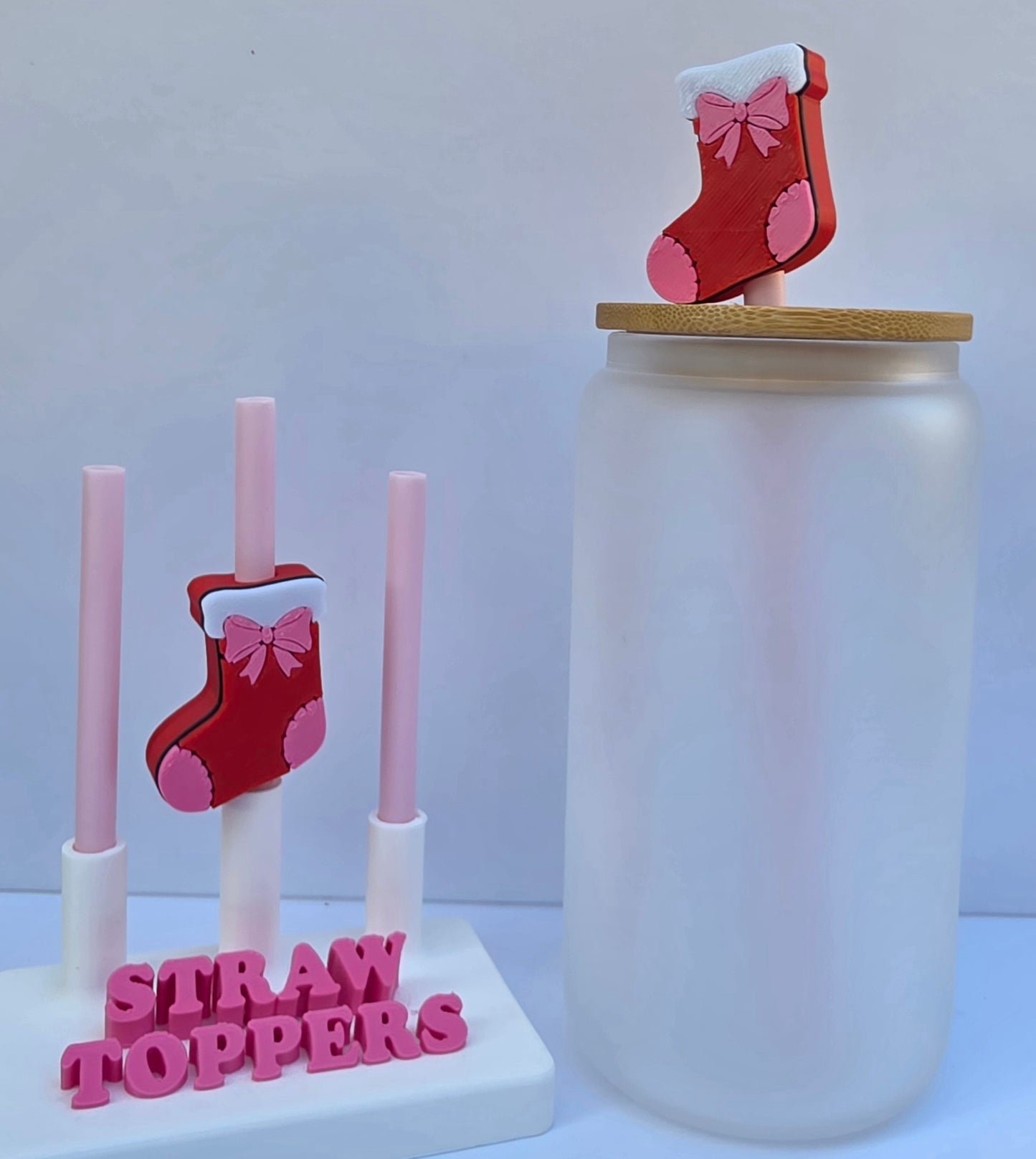 Christmas Stocking Pink Bow 3D Printed Straw Topper