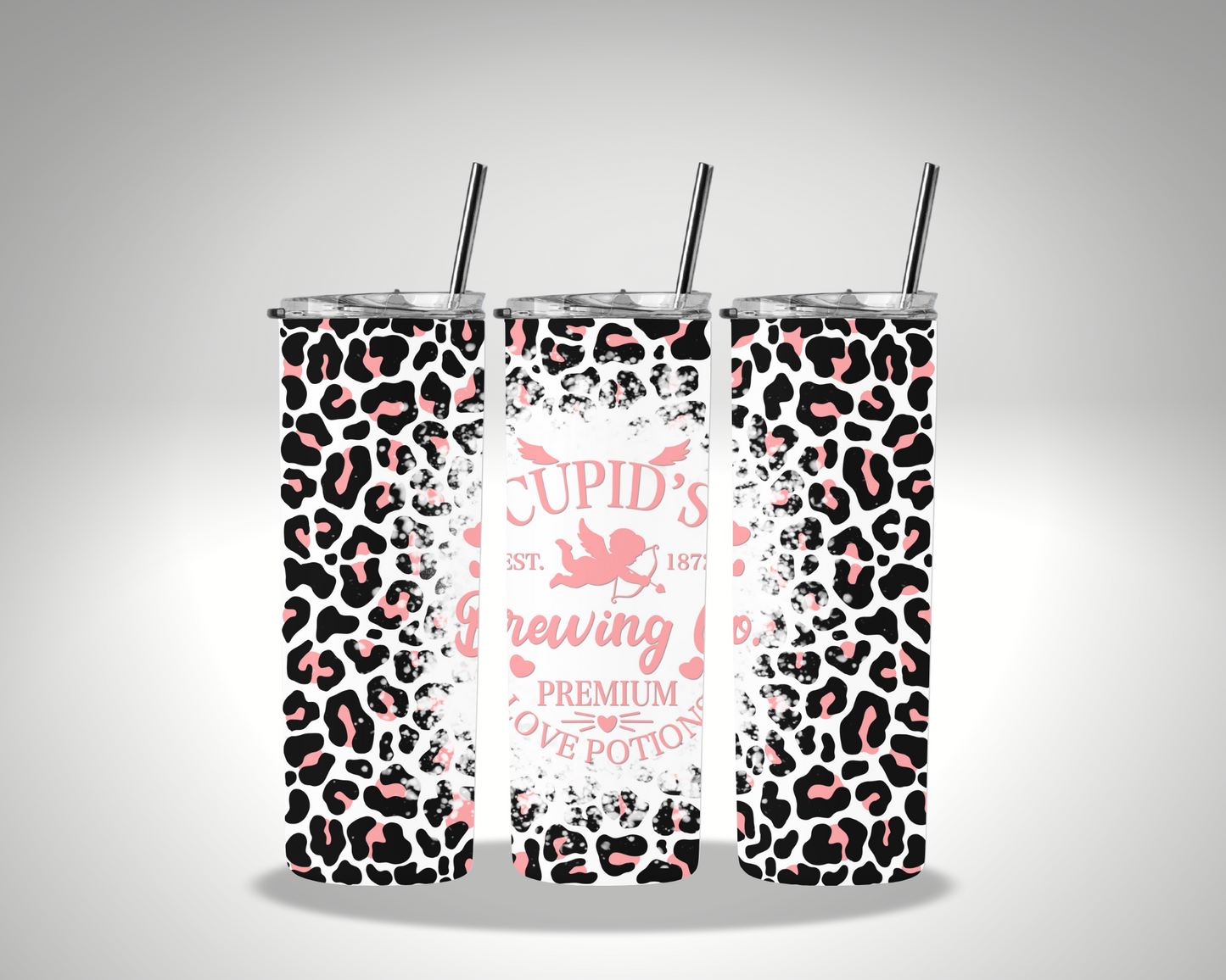Cupids Brewing Valentines Pink Leopard Sublimation 20 oz tumbler