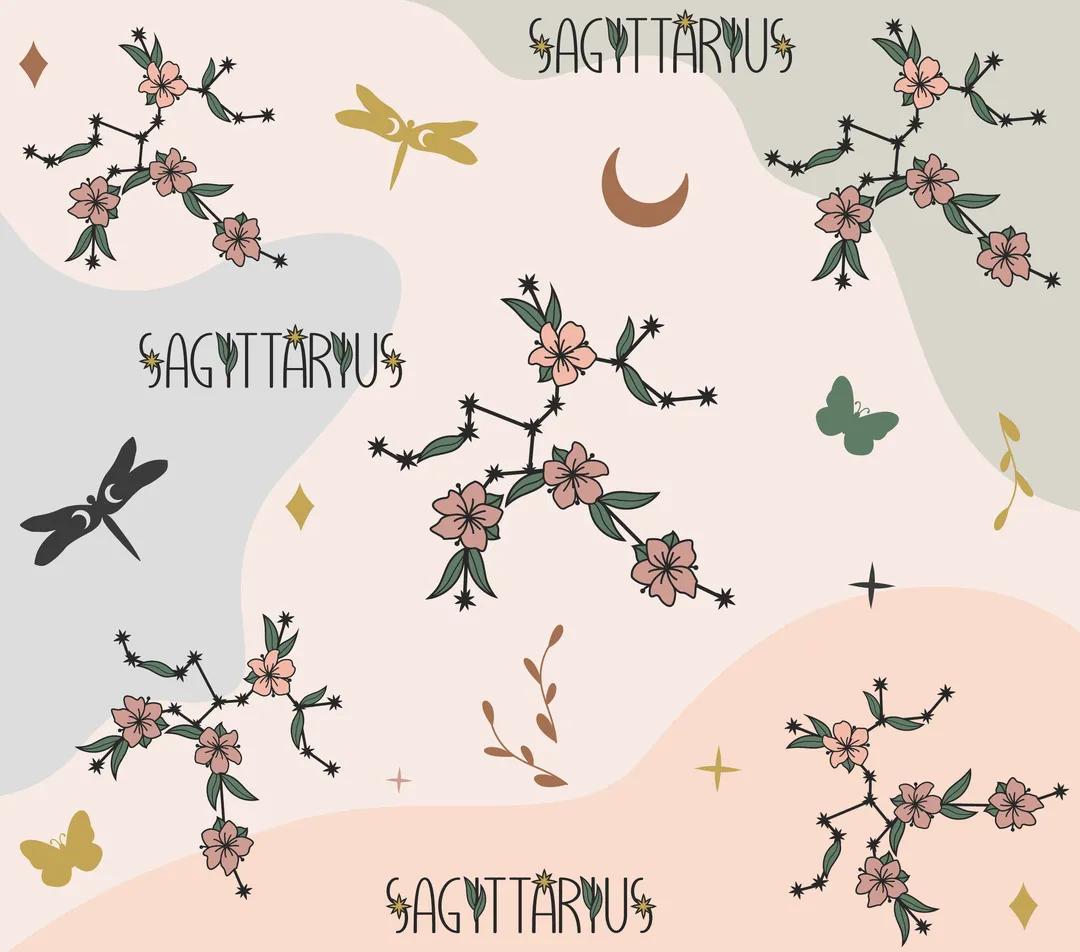 Astrology Theme - "Sagittarius" - Pink, Blue, & Green w/ Floral Design - 20 Oz Sublimation Transfer