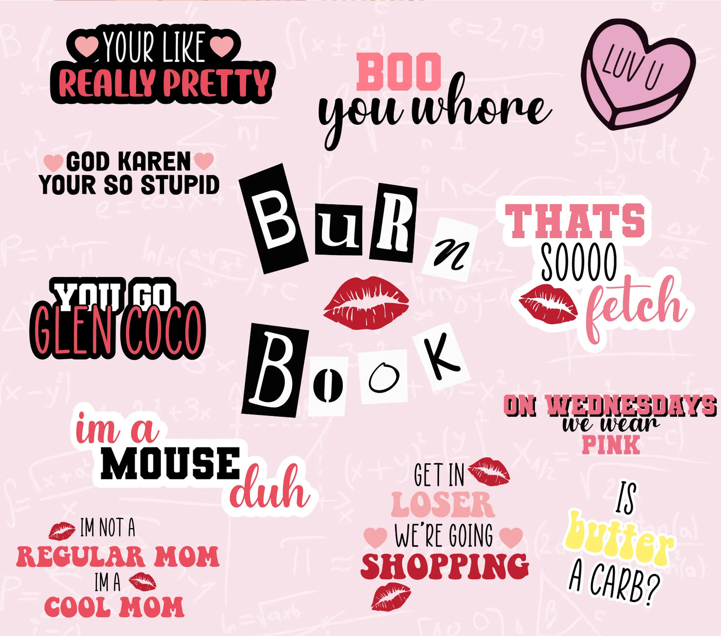 Girls Movie Quotes - "Burn Book" - Multicolored w Pink Background - 20 Oz Sublimation Transfer