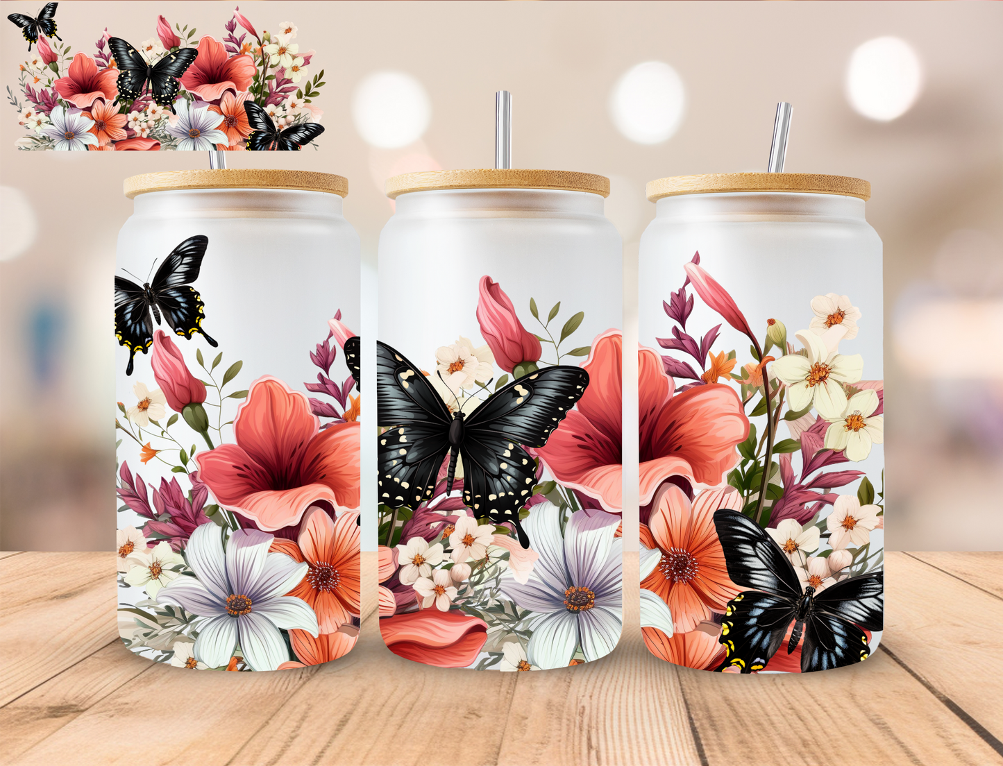 Peach Black White Butterfly Floral - 16 oz / 20 oz Libby UV DTF Wrap