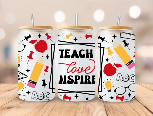 School Teach Love Cursive Inspire - 16 oz Libby UV DTF Wrap
