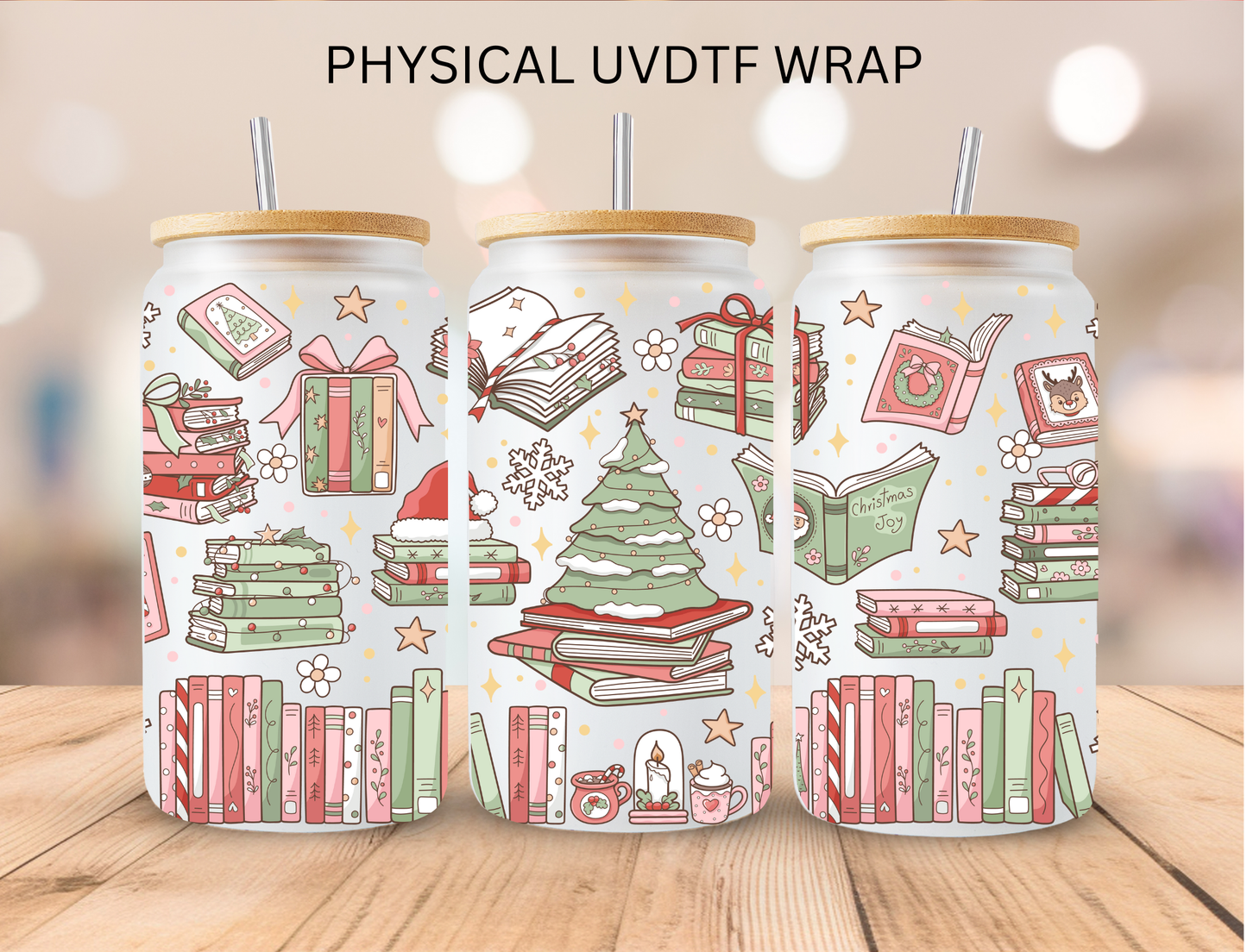 Christmas Pastel Stacked Books - 16 oz / 20 oz Libby UV DTF Wrap