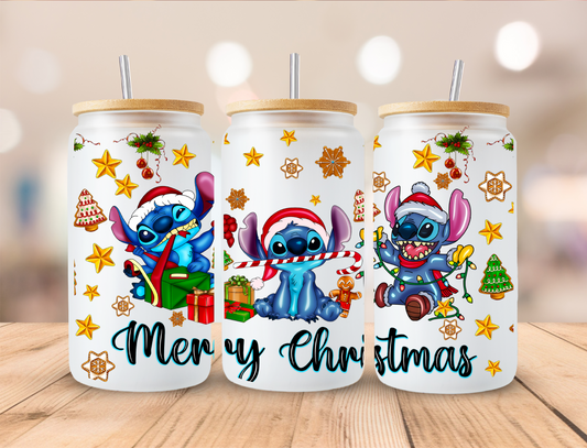 Merry Christmas Blue Alien - 16oz Libby UV DTF Wrap