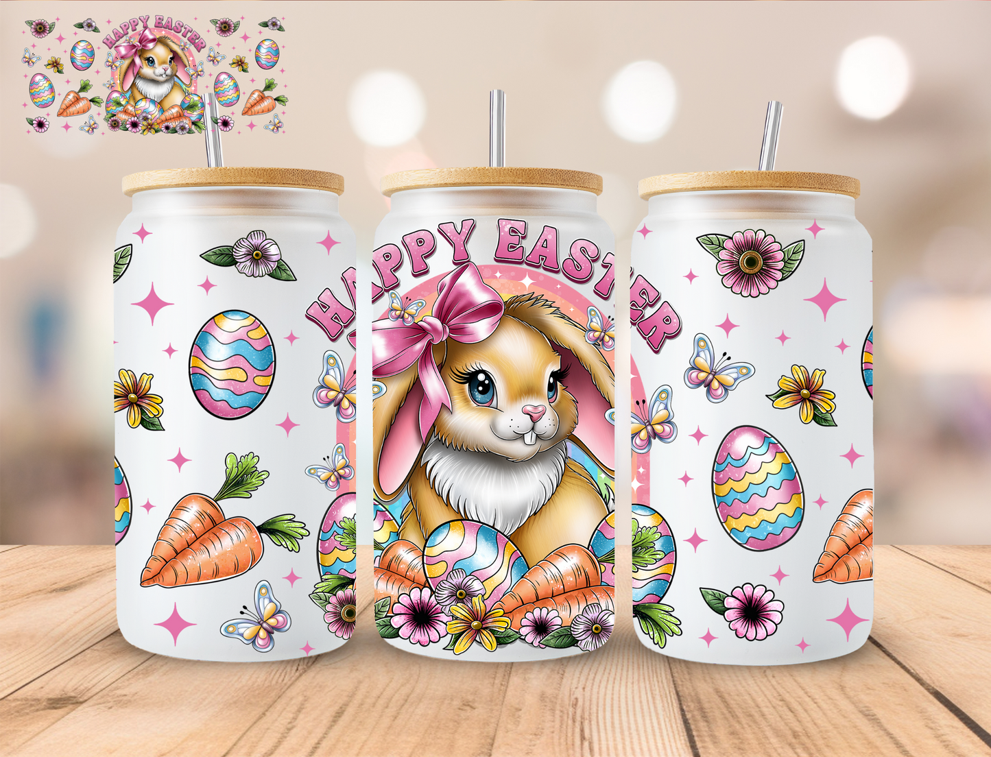 Happy Easter Girl Rabbit - 16 oz / 20 oz Libby UV DTF Wrap EXCLUSIVE DESIGN