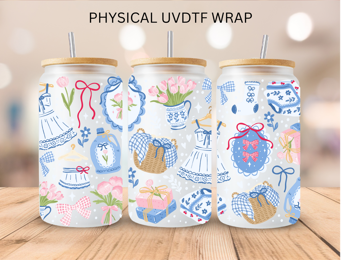 Blue Florist Aesthetic - 16 oz / 20 oz Libby UV DTF Wrap