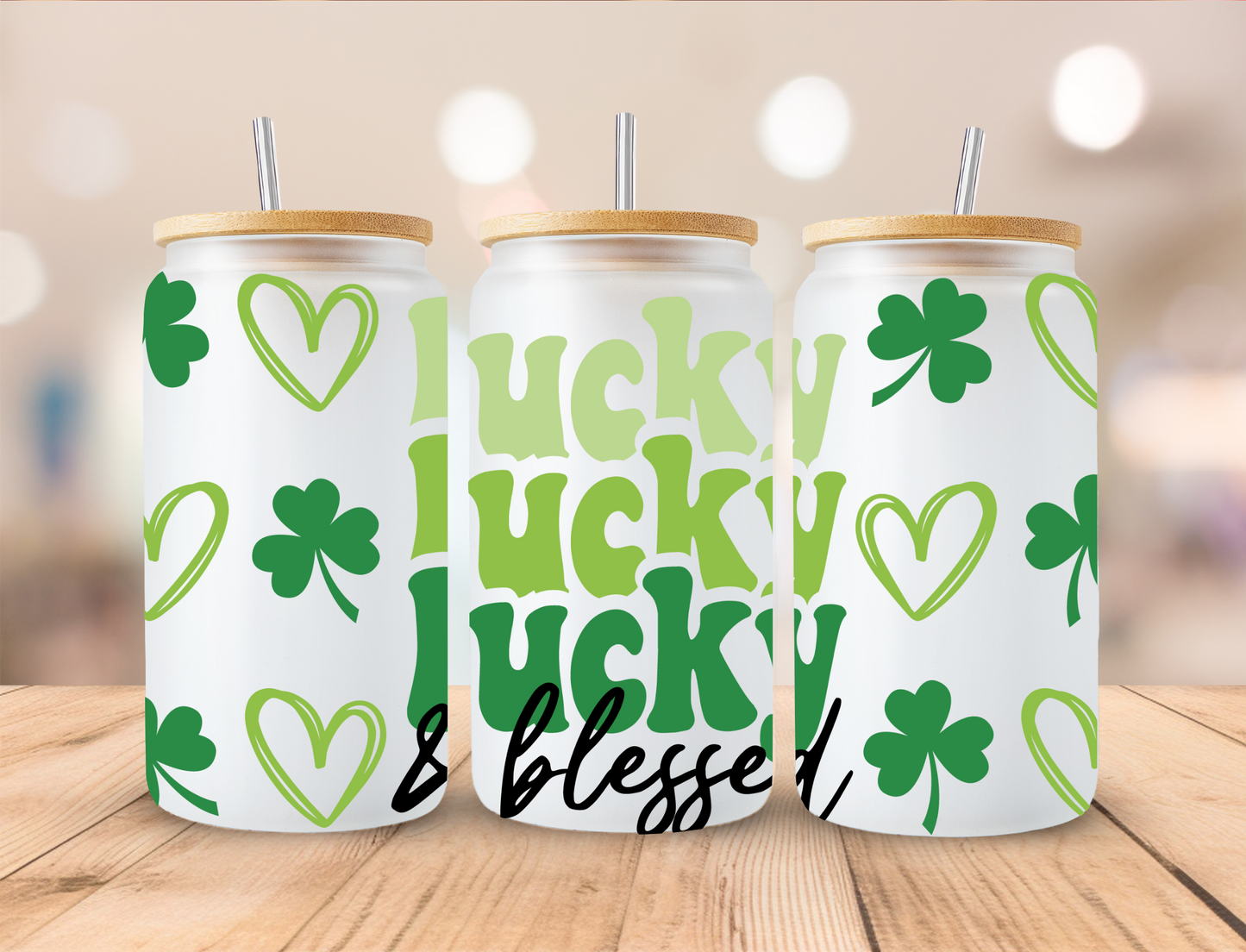 Saint Patrick's Lucky Blessed Shamrock and Hearts - 16 oz / 20 oz Libby UV DTF Wrap