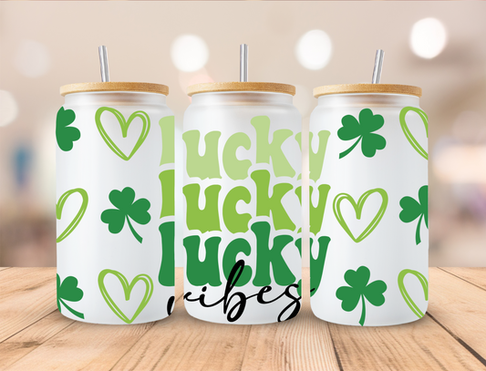 Saint Patrick's Lucky Vibes Shamrock and Hearts - 16 oz / 20 oz Libby UV DTF Wrap