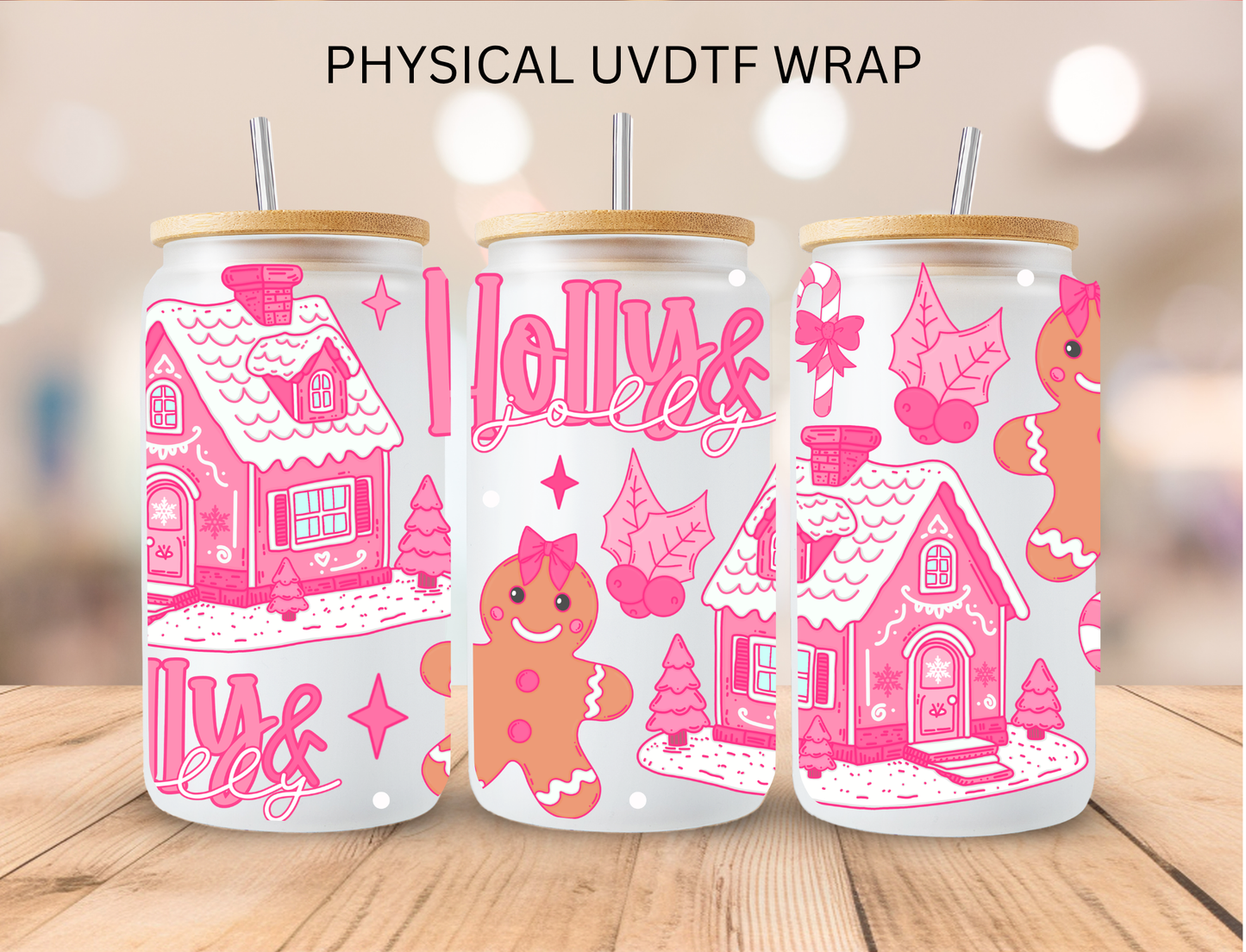 Pink Christmas Holly And Jolly - 16 oz / 20 oz Libby UV DTF Wrap