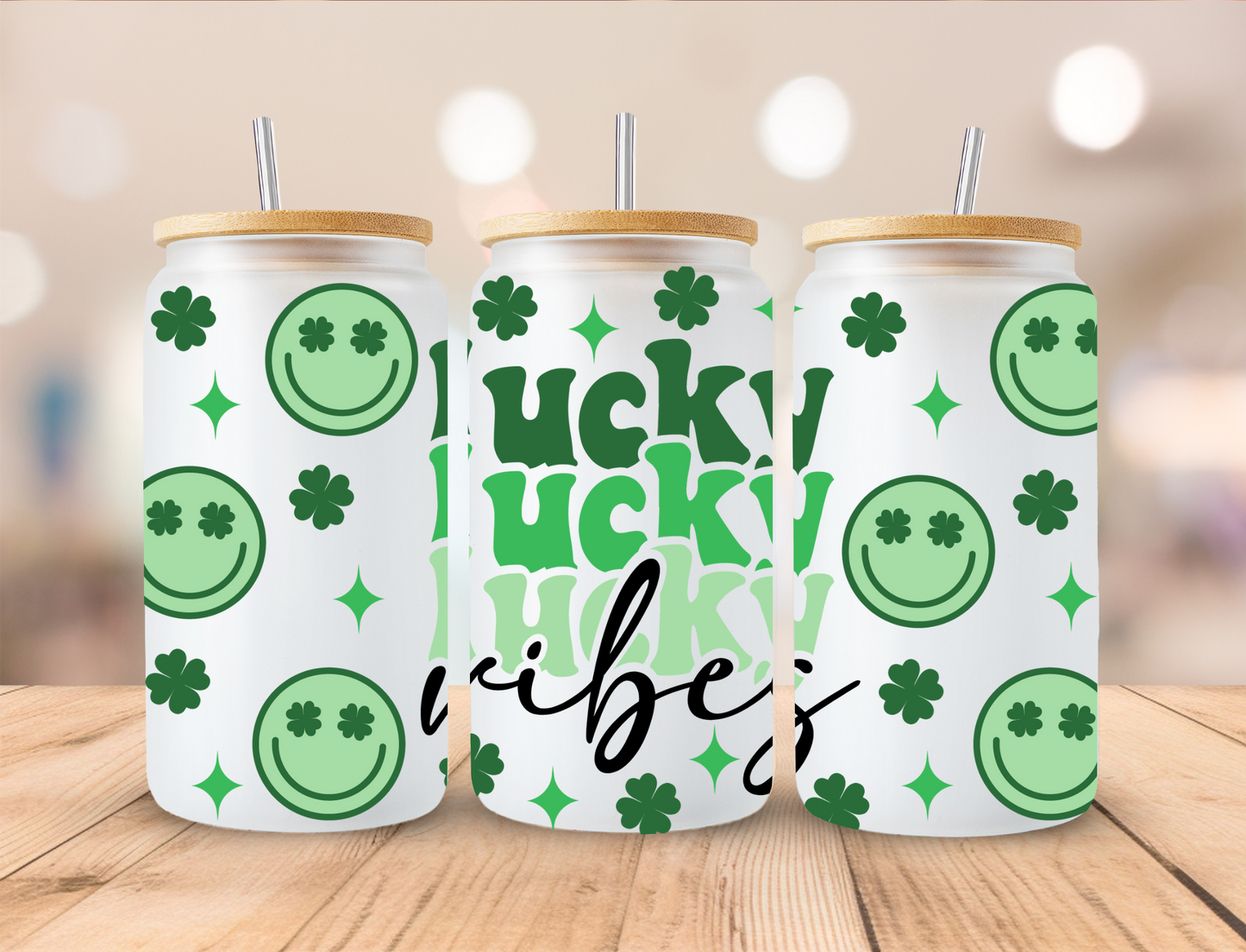 Saint Patrick's Smiley Lucky Vibes - 16 oz / 20 oz Libby UV DTF Wrap