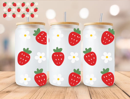 Strawberry And Daisies - 16 oz / 20 oz Libby UV DTF Wrap