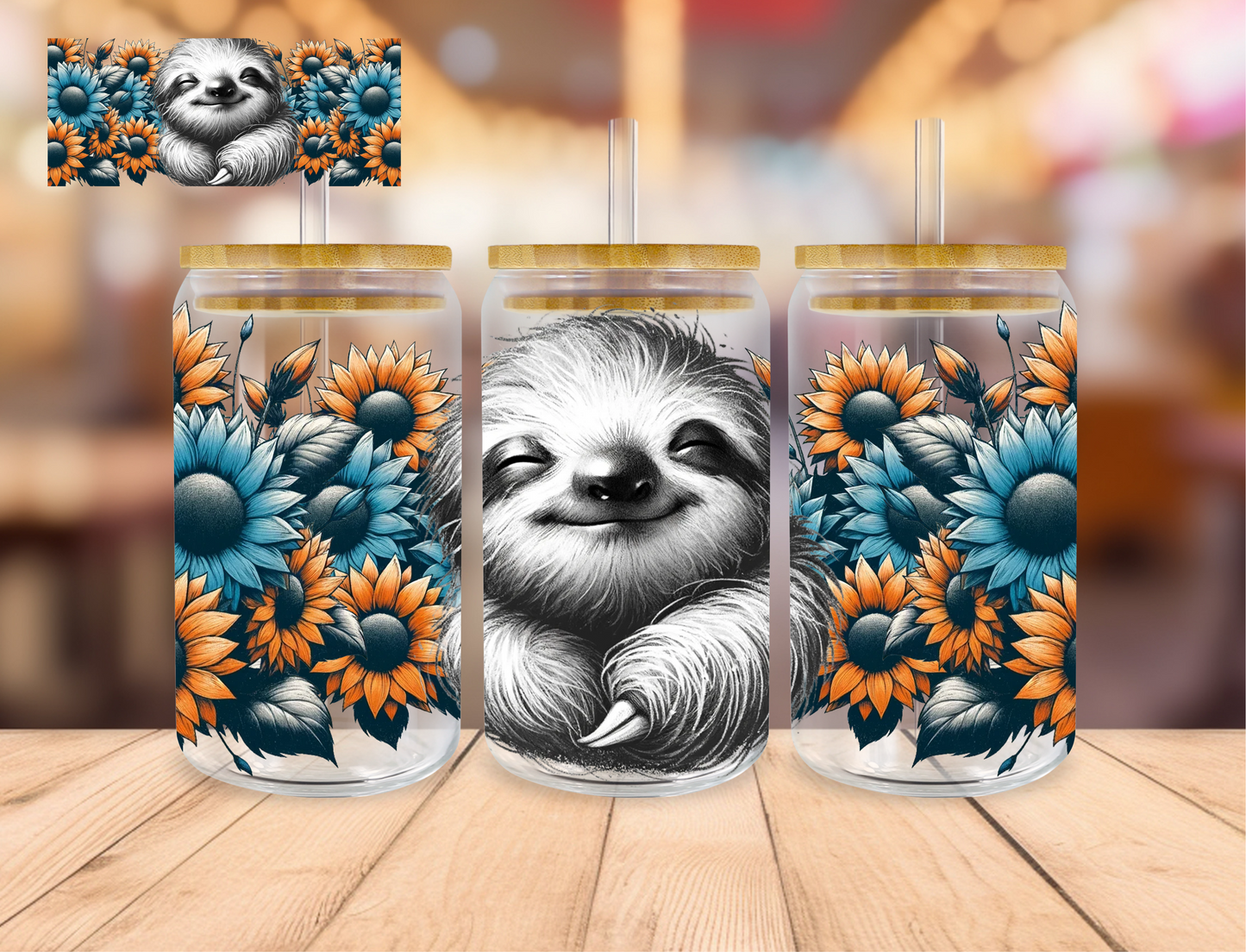 Blue Floral Sloth - 16 oz / 20 oz Libby UV DTF Wrap