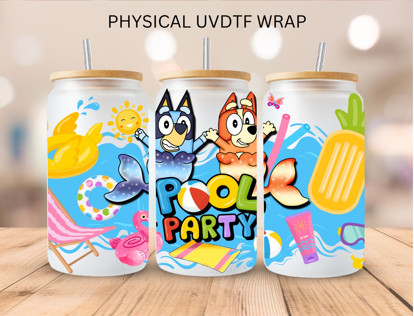 Blue Dog Pool Party - 16 oz / 20 oz Libby UV DTF Wrap