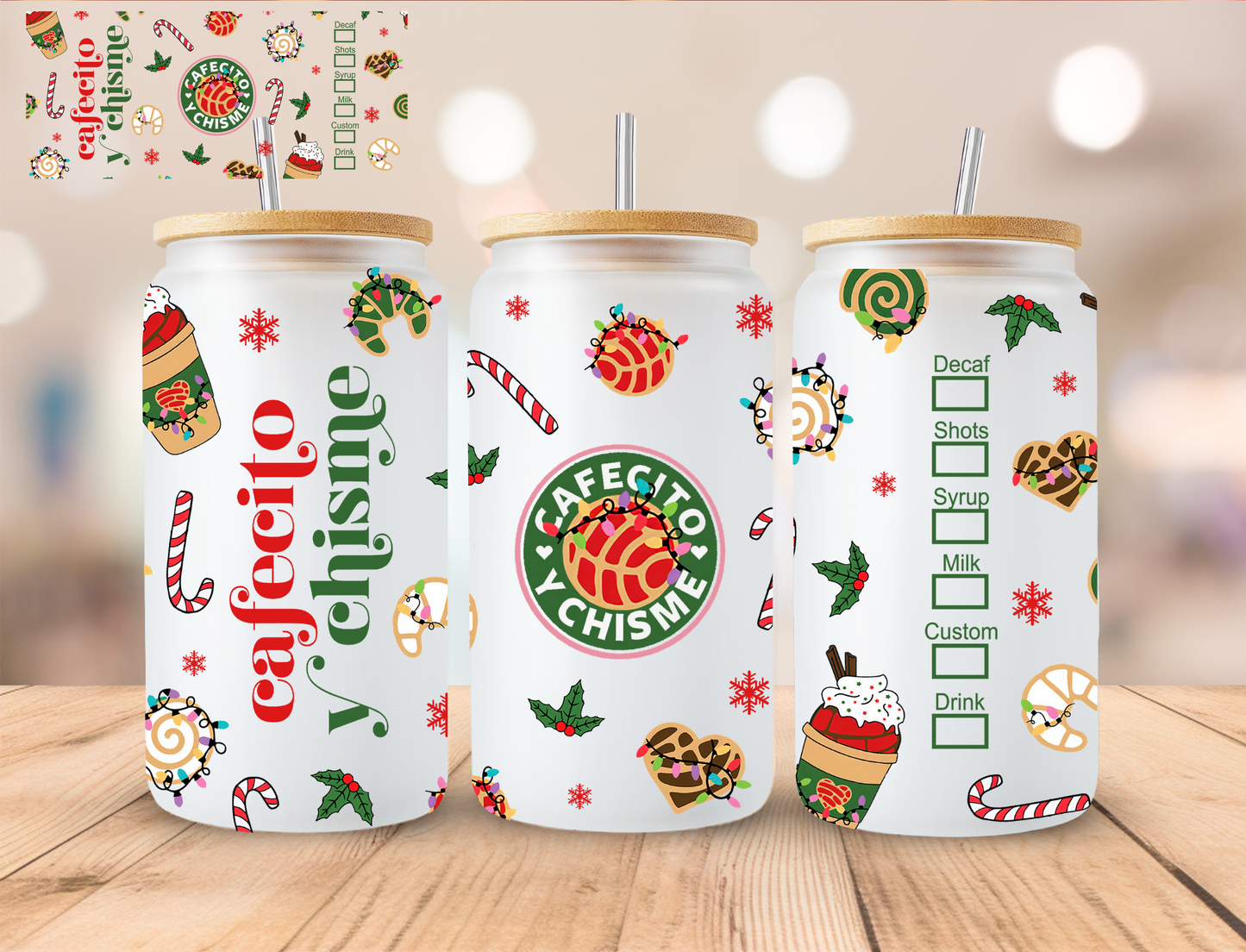 Christmas Cafecito Y Chisme - 16 oz / 20 oz Libby UV DTF Wrap