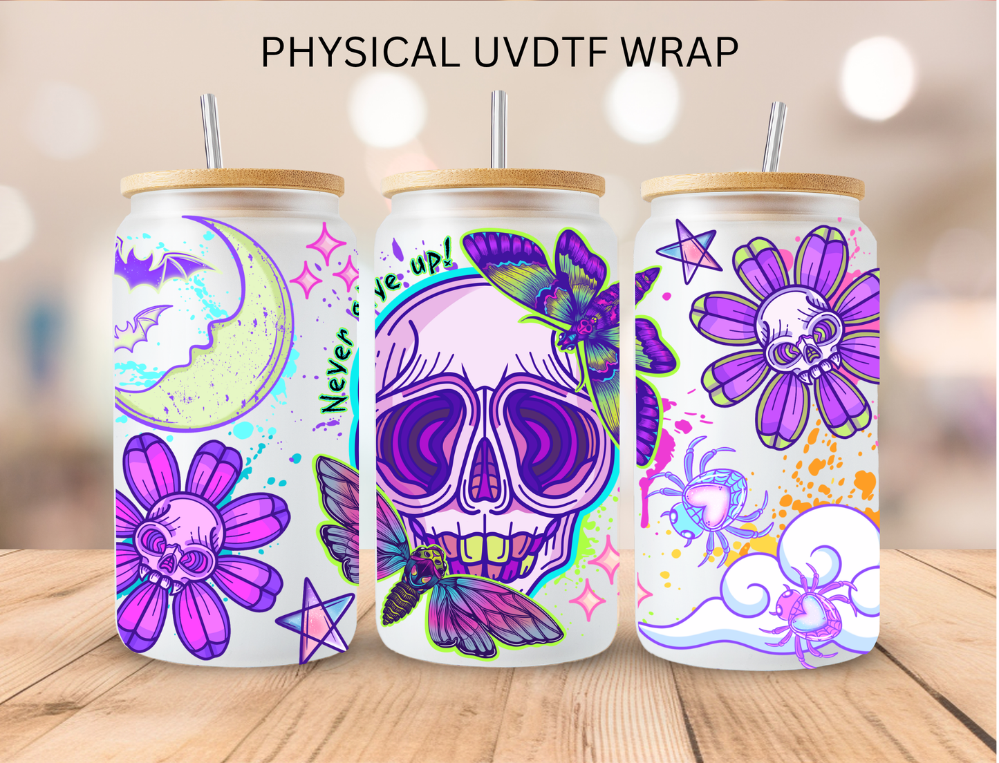 Never Give Up Pastel Skull - 16 oz / 20 oz Libby UV DTF Wrap
