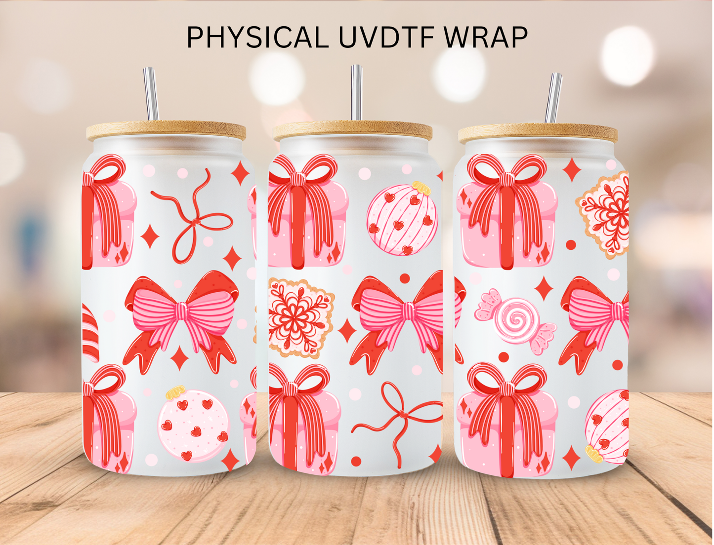 Christmas Red Bows, Presents and Ornaments - 16 oz / 20 oz Libby UV DTF Wrap