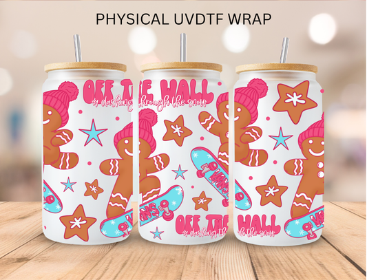 Pink Christmas Skateboarding Gingerbread - 16 oz / 20 oz Libby UV DTF Wrap