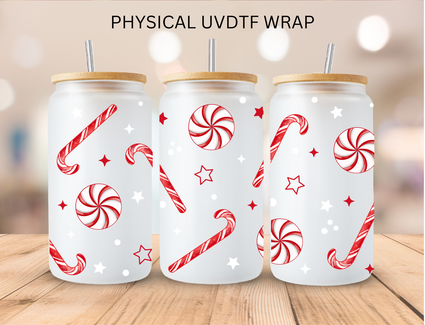 Christmas Peppermint Candy Canes- 16 oz / 20 oz Libby UV DTF Wrap
