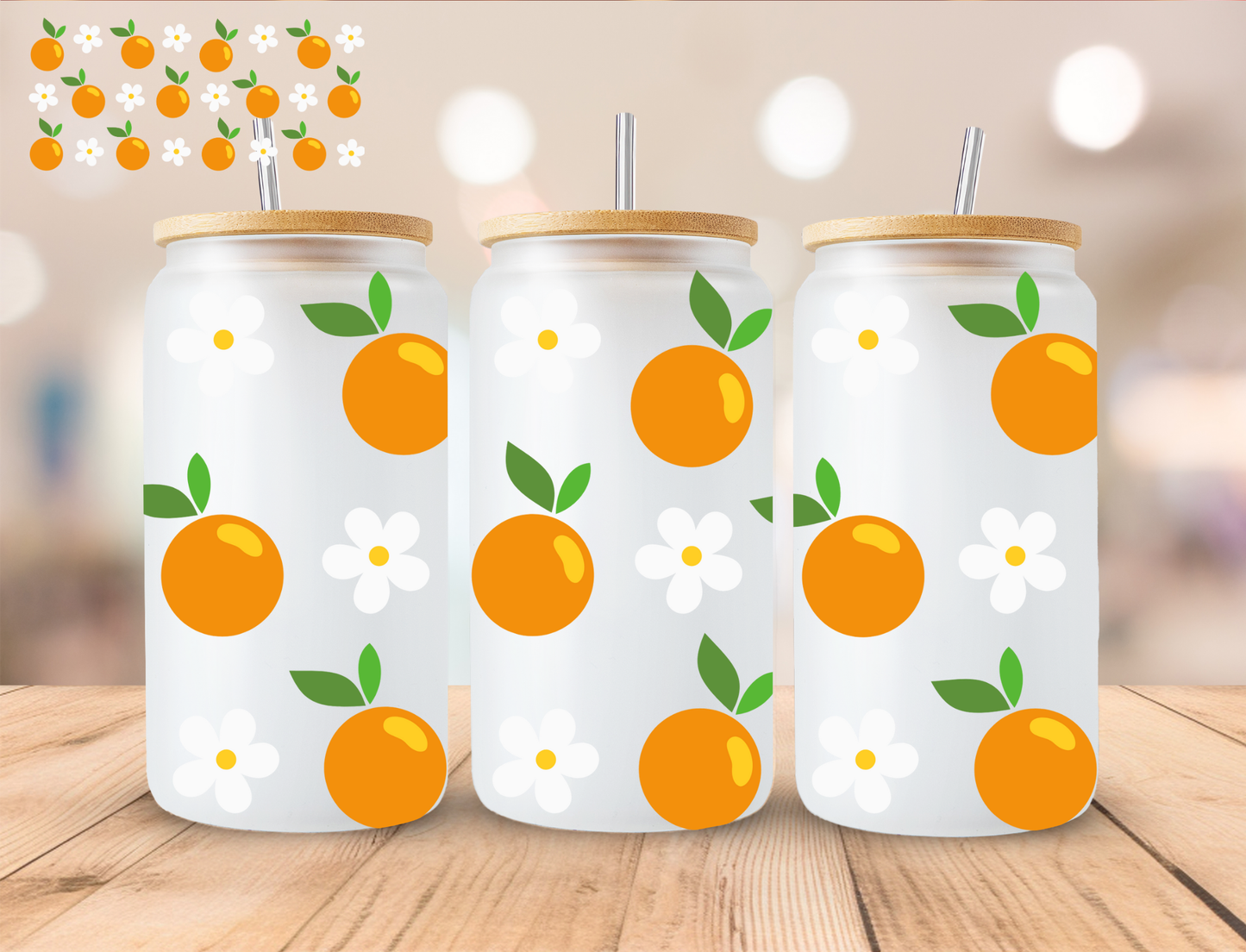 Orange And Daisies - 16 oz / 20 oz Libby UV DTF Wrap