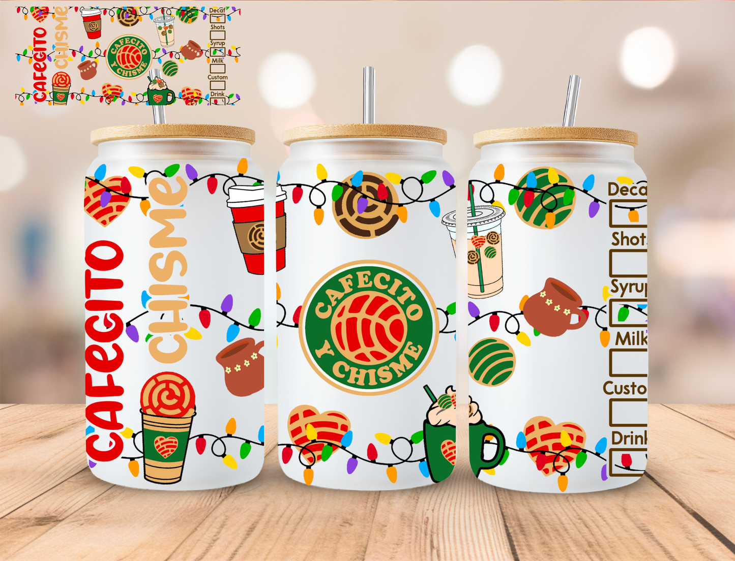 Christmas Cafecito Y Chisme - 16 oz / 20 oz Libby UV DTF Wrap