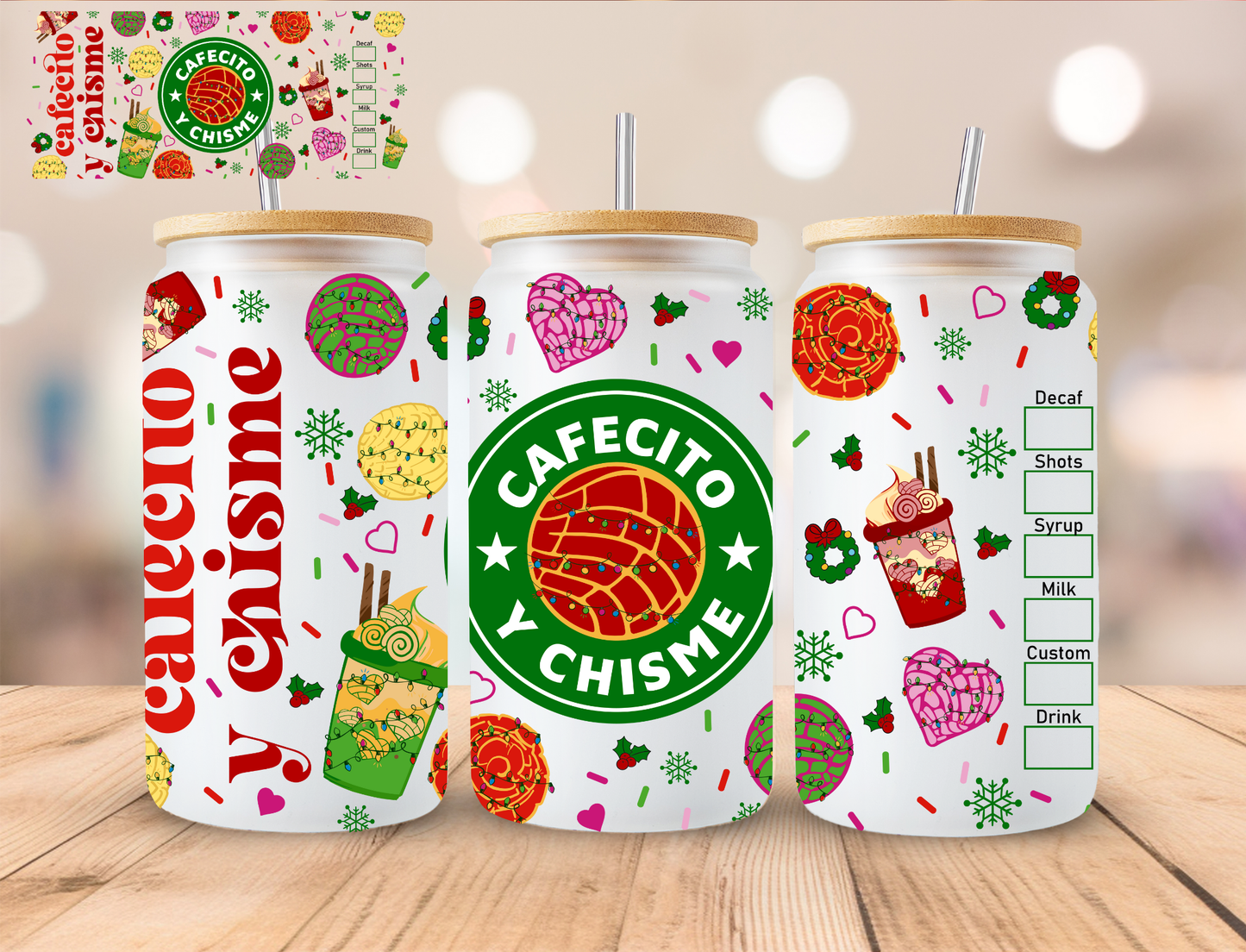 Cafecito Y Chisme Christmas - 16 oz / 20 oz Libby UV DTF Wrap