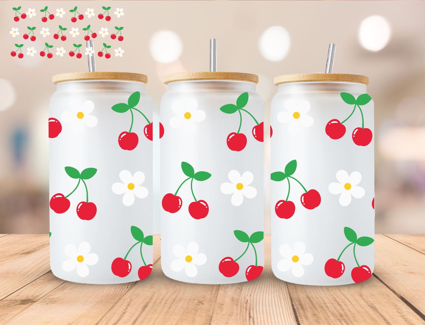 Cherries And Daisies - 16 oz / 20 oz Libby UV DTF Wrap