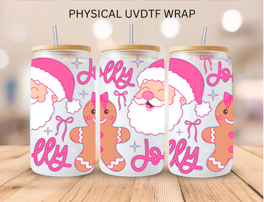 Pink Christmas Holl Jolly Santa and Gingerbread - 16 oz / 20 oz Libby UV DTF Wrap