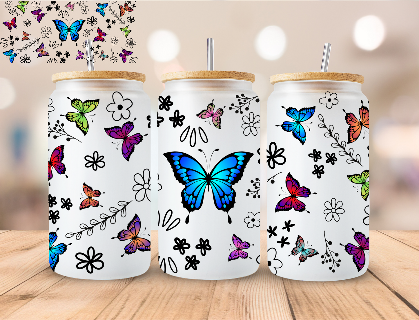 Colorfull Butterfly Bunch Floral - 16 oz / 20 oz Libby UV DTF Wrap