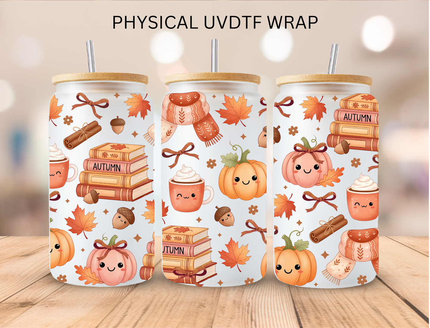 Fall Books, Pumpkins, And Coffee - 16 oz / 20 oz Libby UV DTF Wrap