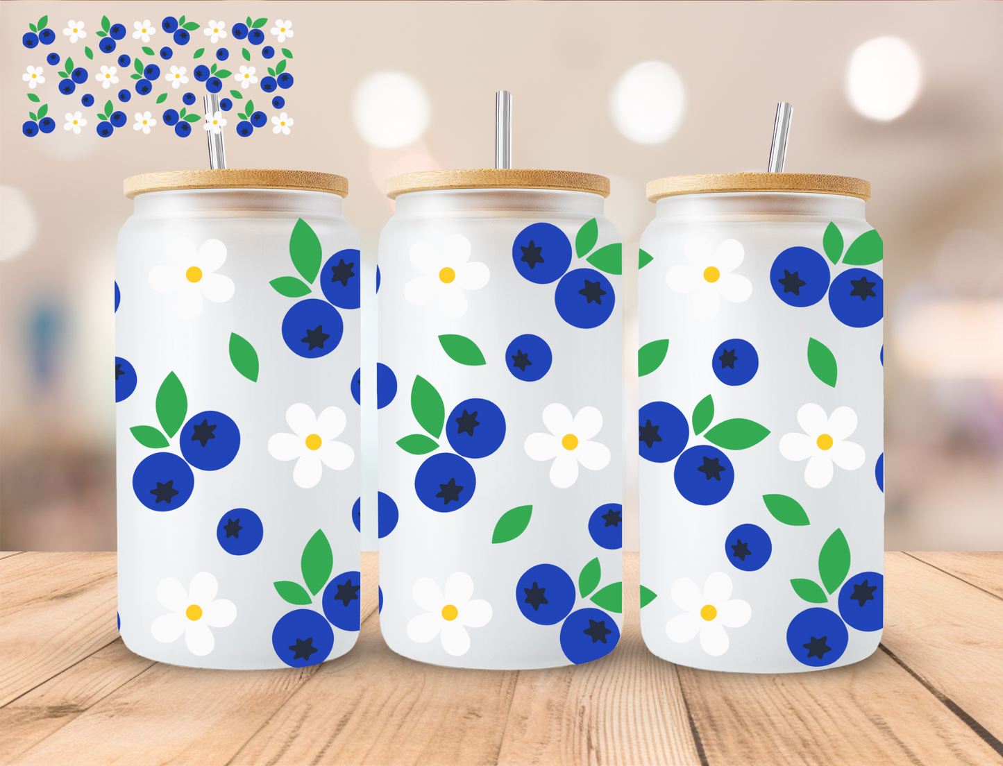 Blue Berries And Daisies - 16 oz / 20 oz Libby UV DTF Wrap