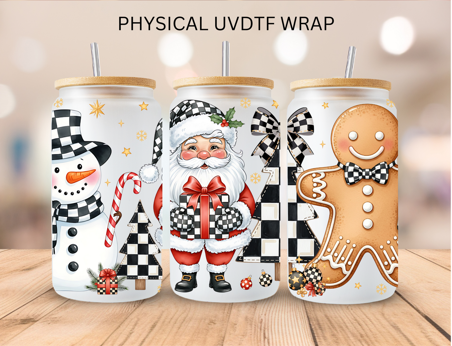 Christmas Checkered Santa, Gingerbread And Snowman - 16 oz / 20 oz Libby UV DTF Wrap