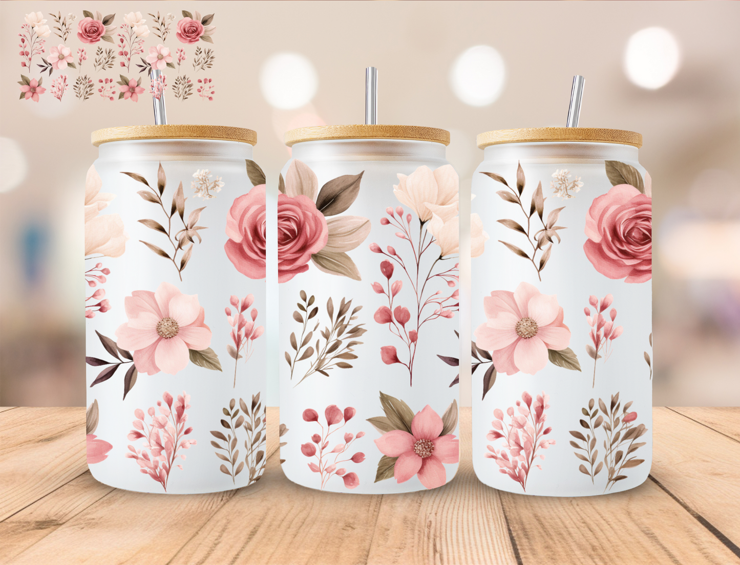 Pink Flowers - 16 oz / 20 oz Libby UV DTF Wrap