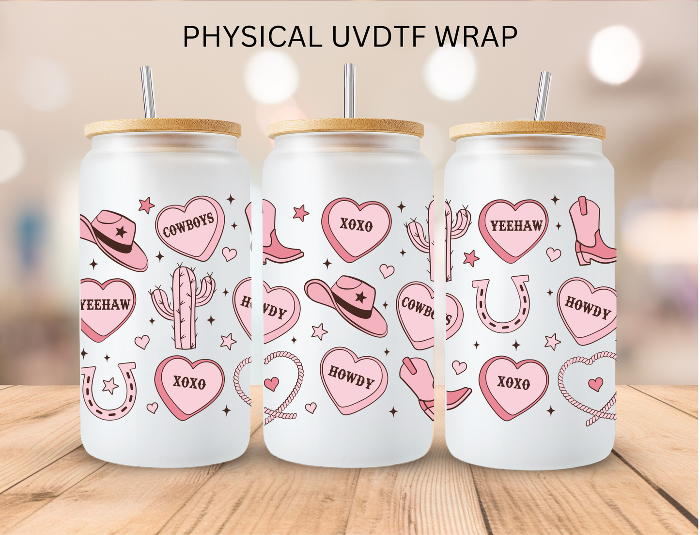Valentines Western Pink Conversation Hearts - 16 oz / 20 oz Libby UV DTF Wrap